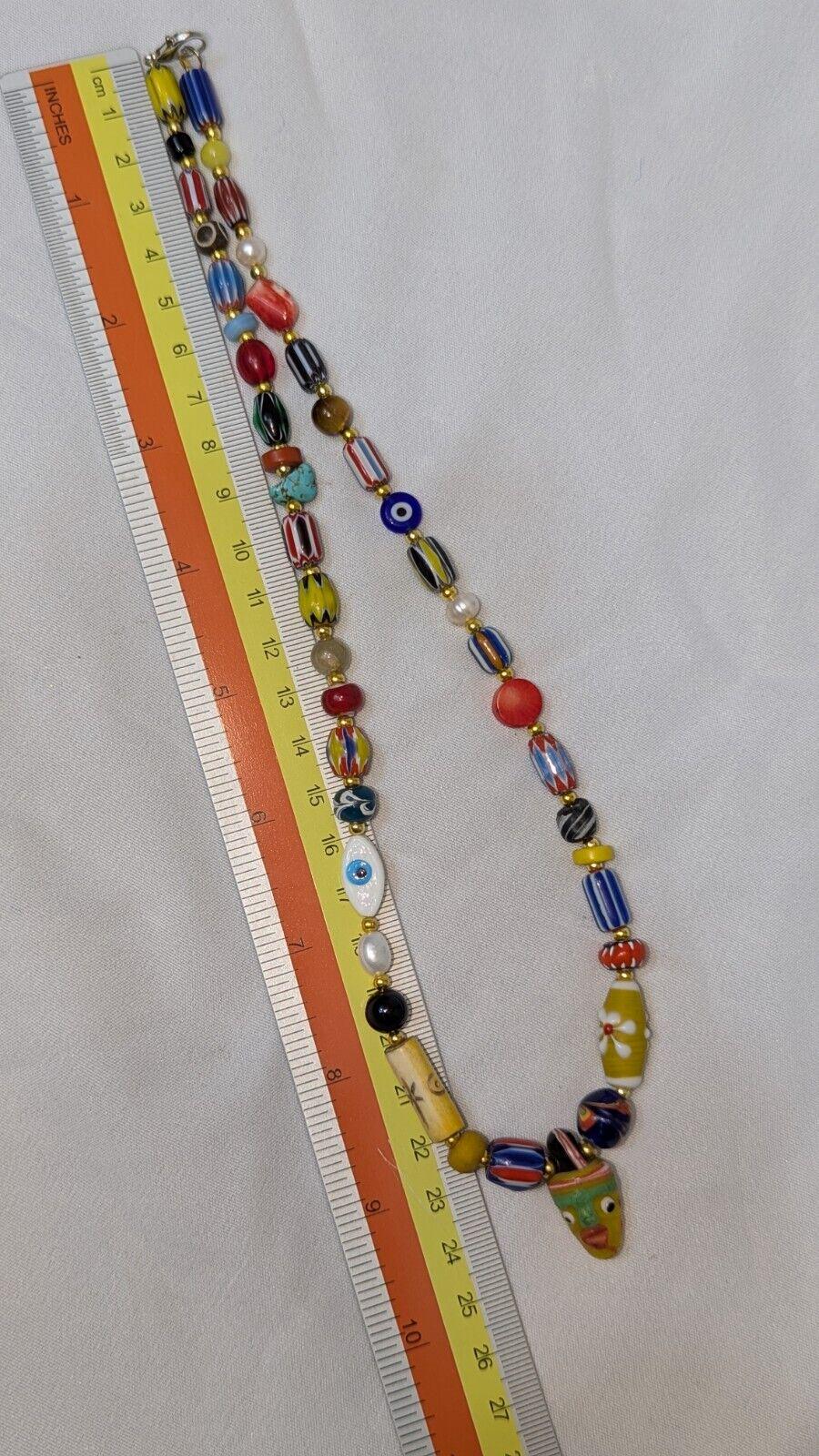 Vintage handmade face bead mix chevron glass beaded necklace #1Gift
