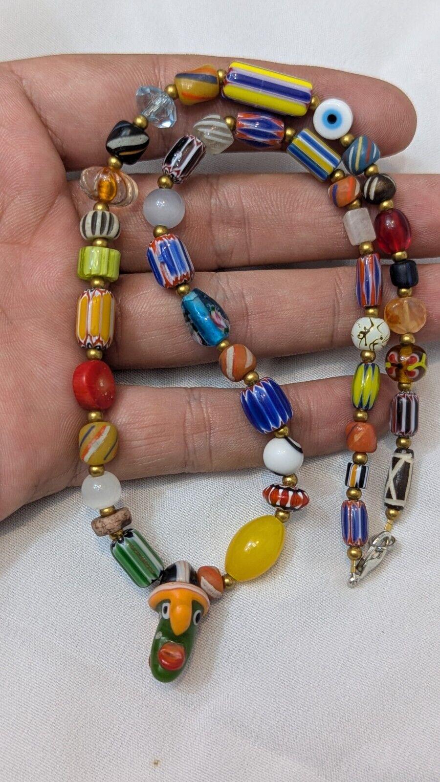 Vintage handmade face bead mix chevron glass beaded necklace #2Gift