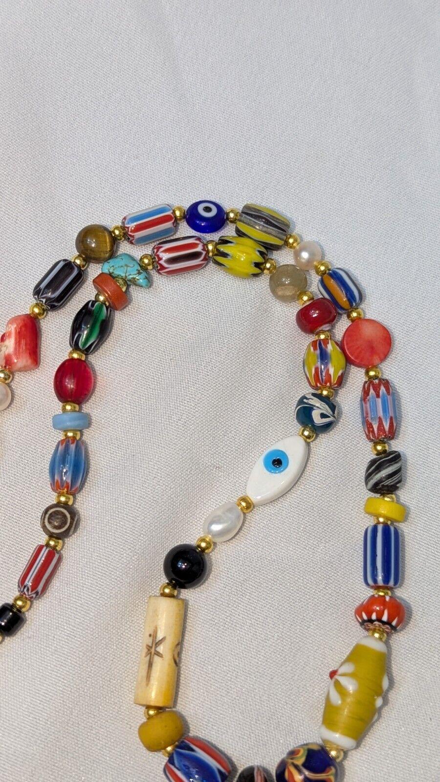 Vintage handmade face bead mix chevron glass beaded necklace #1Gift