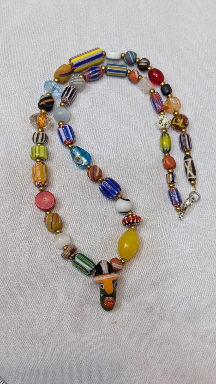 Vintage handmade face bead mix chevron glass beaded necklace #2Gift