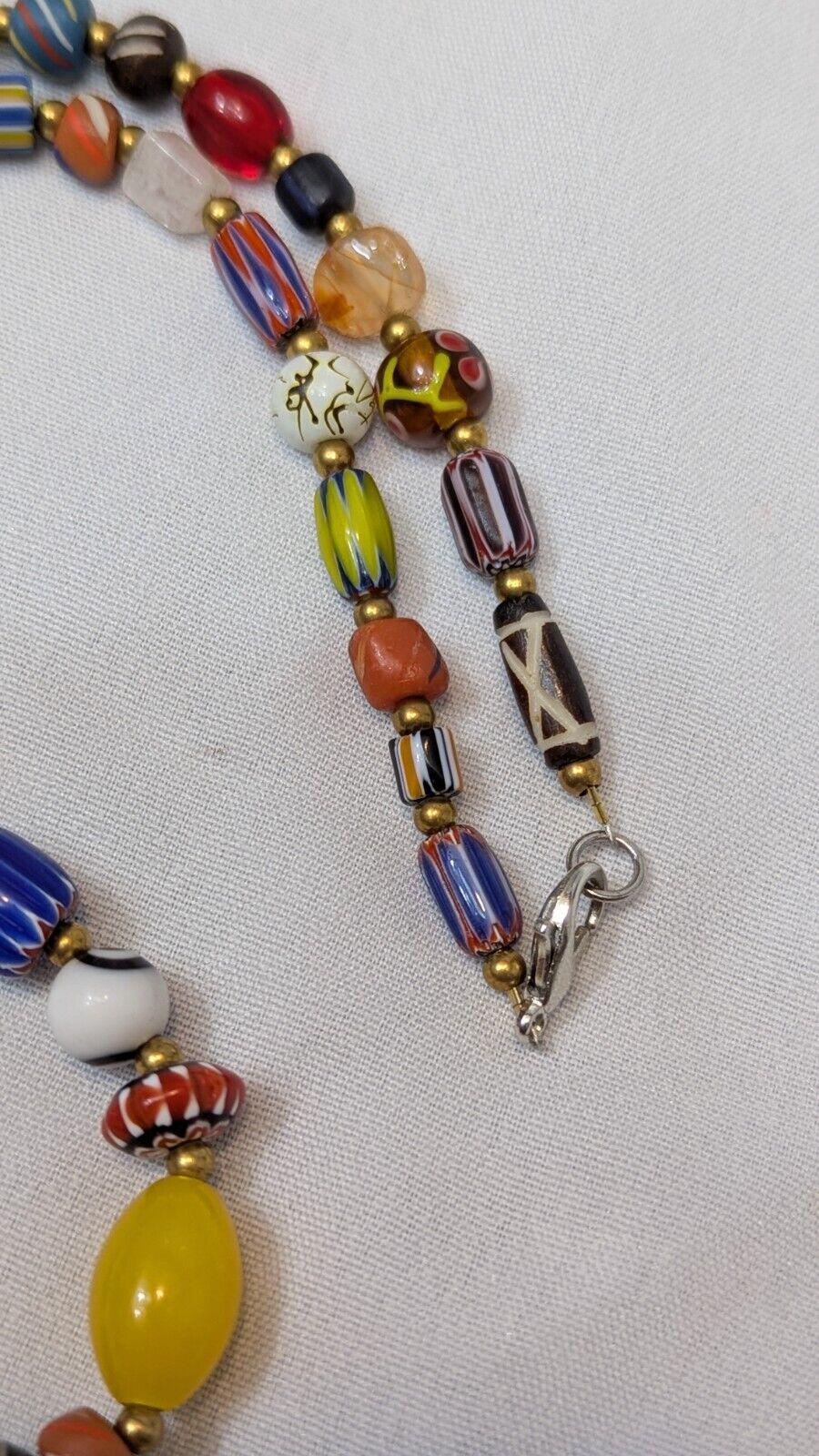 Vintage handmade face bead mix chevron glass beaded necklace #2Gift