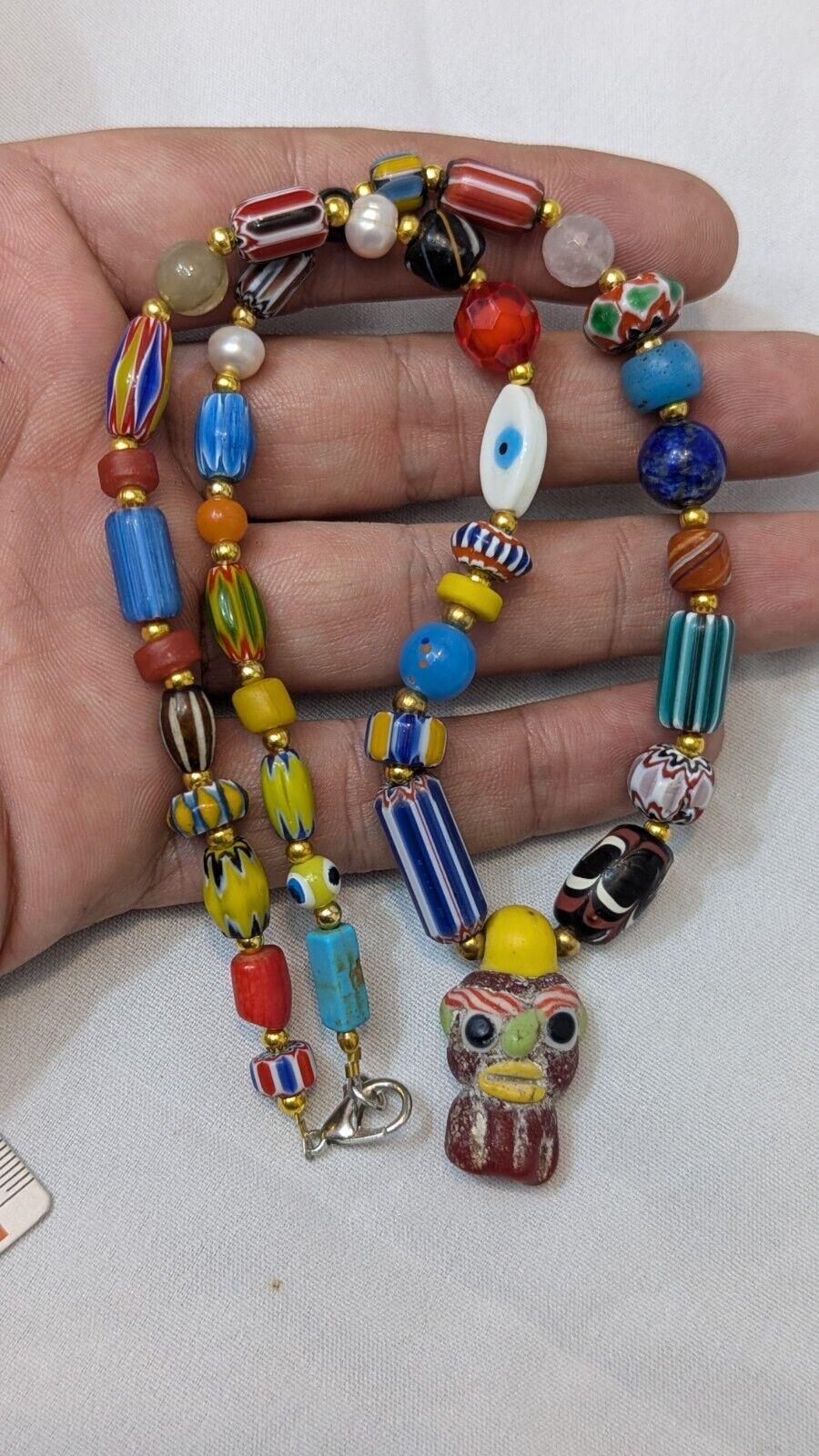 Vintage handmade face bead mix chevron glass beaded necklace #3Gift