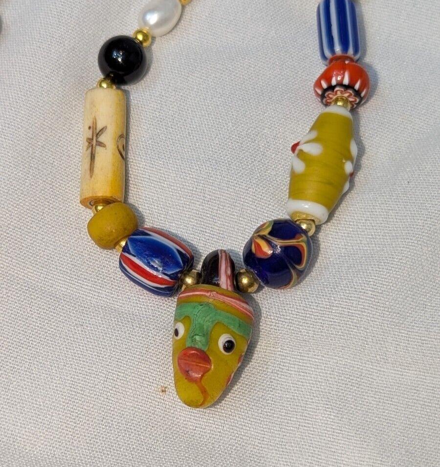 Vintage handmade face bead mix chevron glass beaded necklace #1Gift