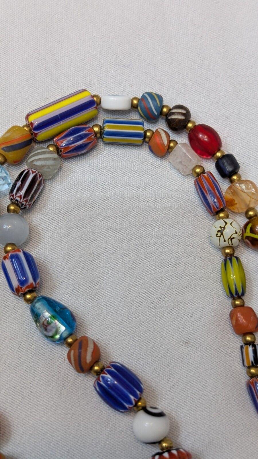 Vintage handmade face bead mix chevron glass beaded necklace #2Gift