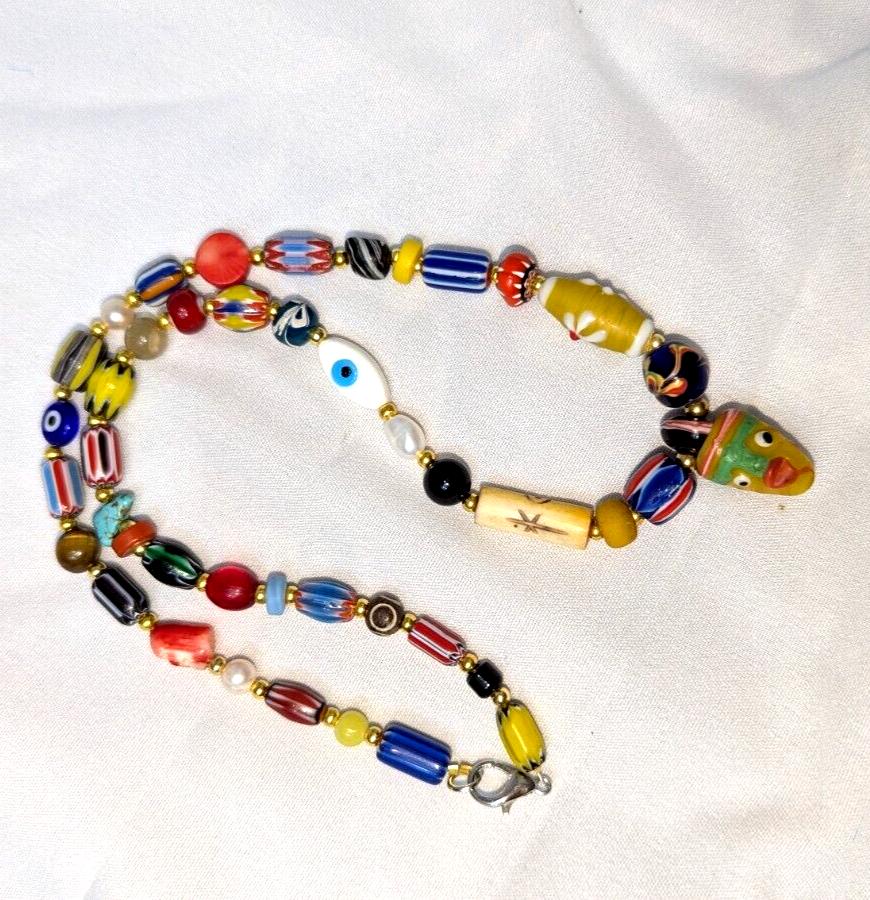 Vintage handmade face bead mix chevron glass beaded necklace #1Gift