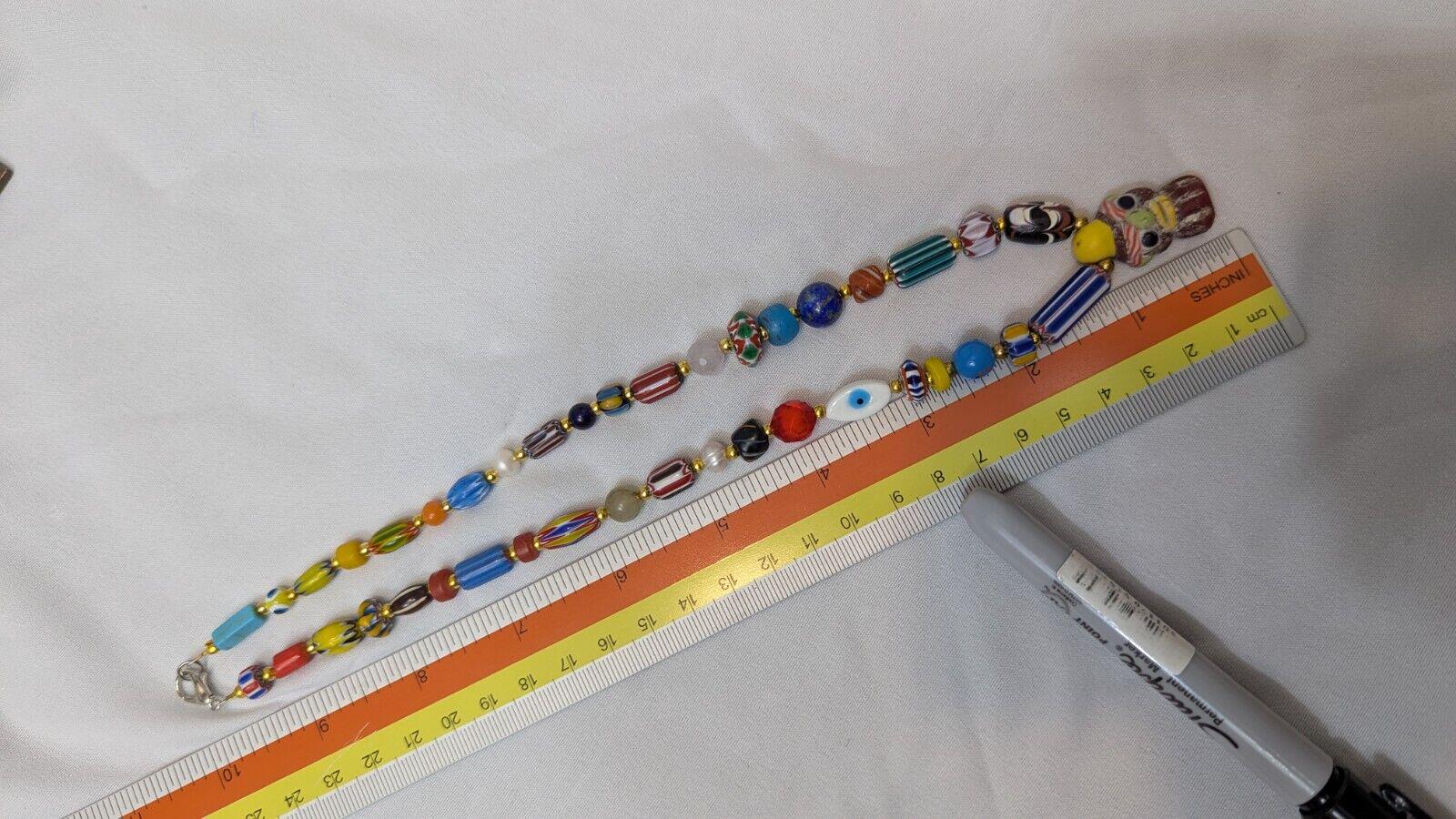 Vintage handmade face bead mix chevron glass beaded necklace #3Gift