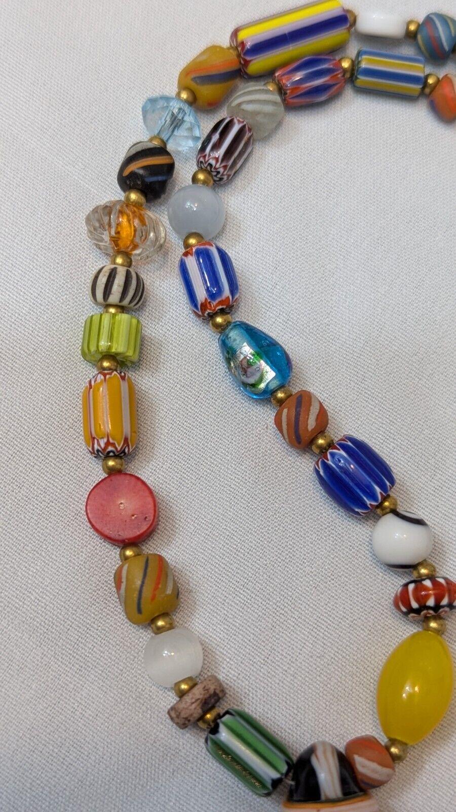 Vintage handmade face bead mix chevron glass beaded necklace #2Gift