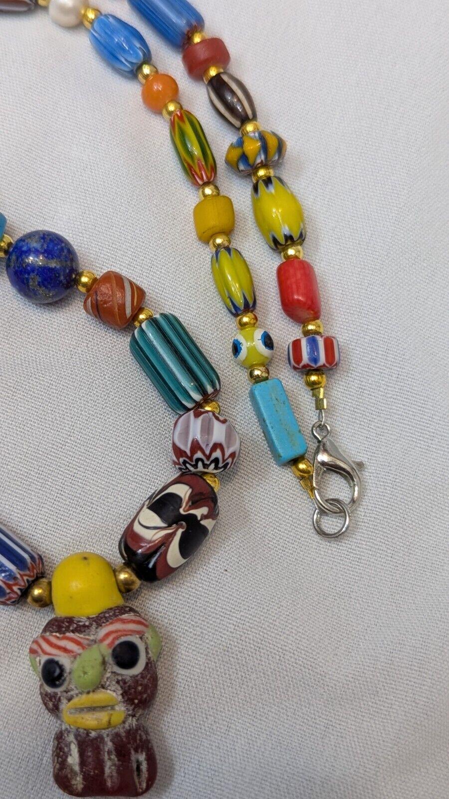 Vintage handmade face bead mix chevron glass beaded necklace #3Gift