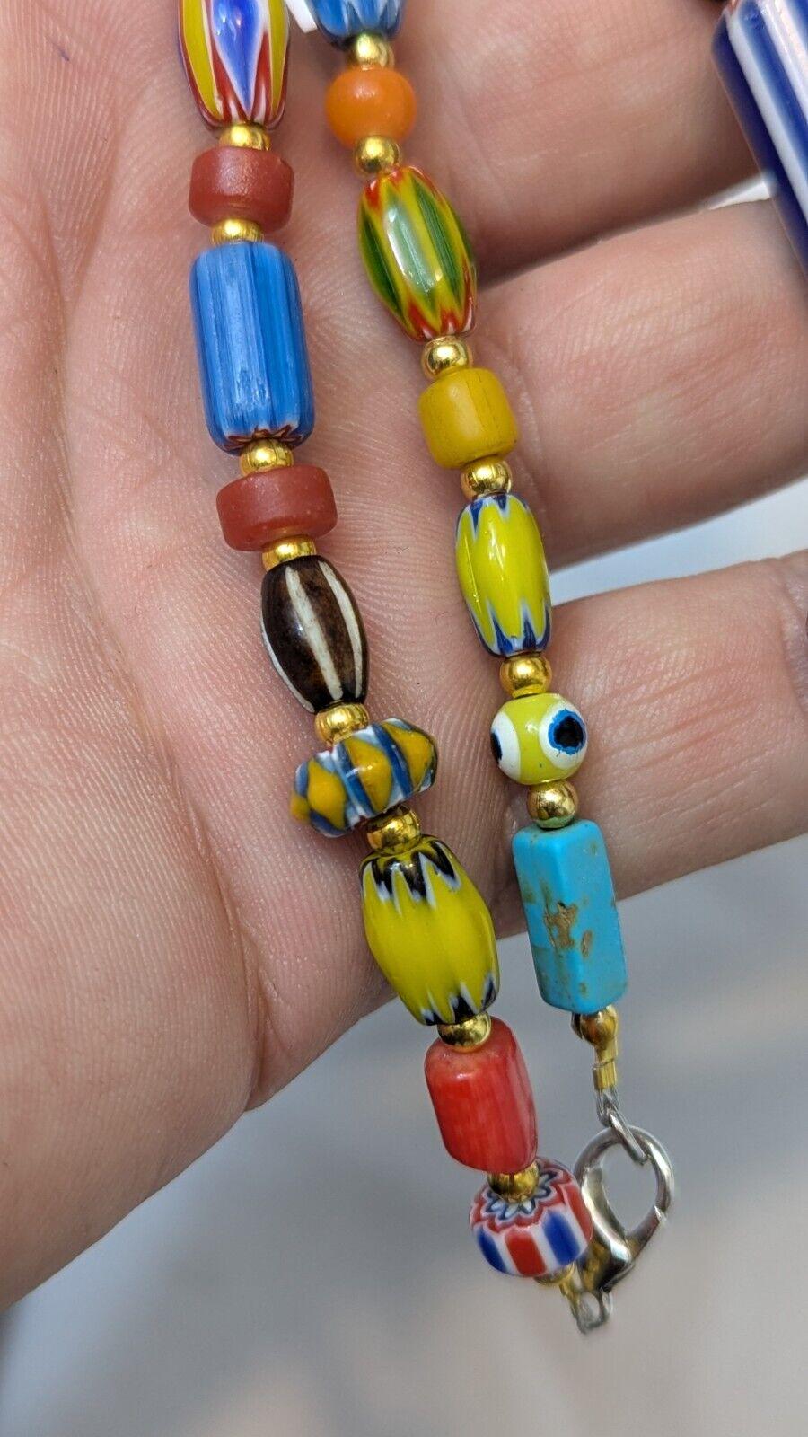 Vintage handmade face bead mix chevron glass beaded necklace #3Gift