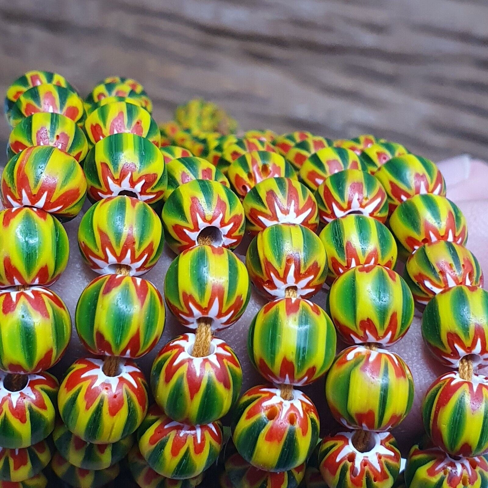 Vintage green yellow chevron beads venetian african style beads 8mm