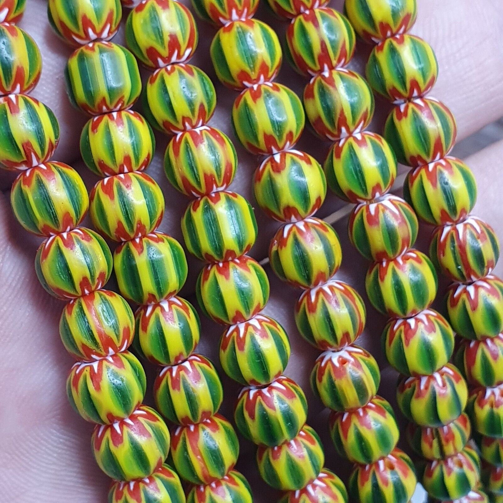 Vintage green yellow chevron beads venetian african style beads 8mm