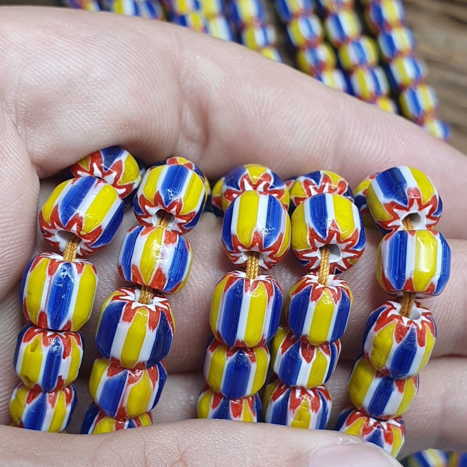 Vintage blue yellow chevron beads venetian african style beads 8mm