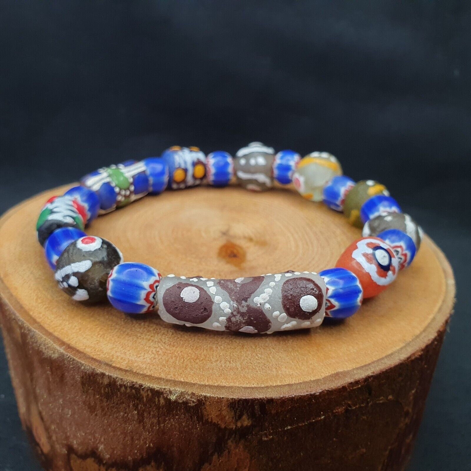 Vintage Blue Chevron African Glass Bead Bracelet