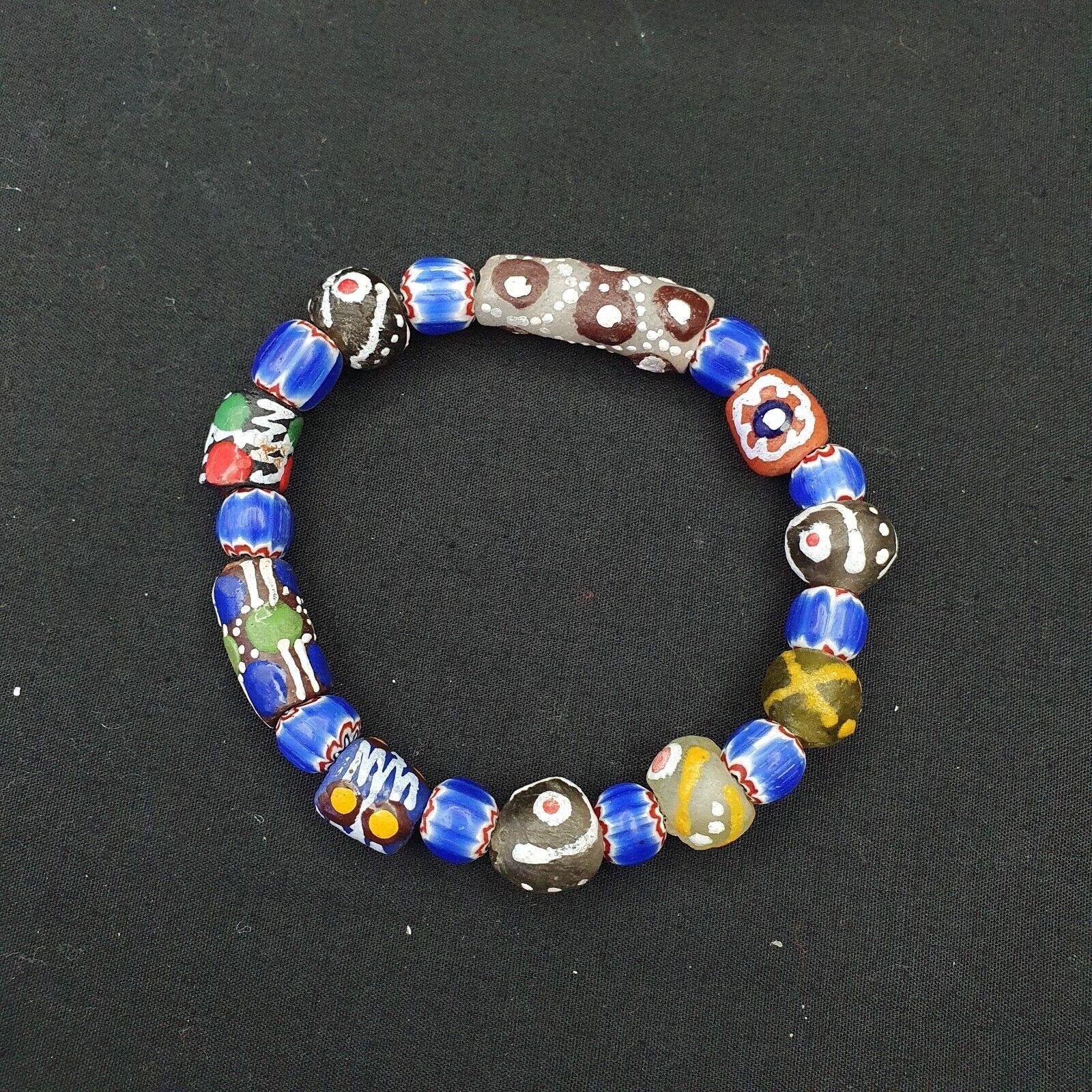 Vintage Blue Chevron African Glass Bead Bracelet