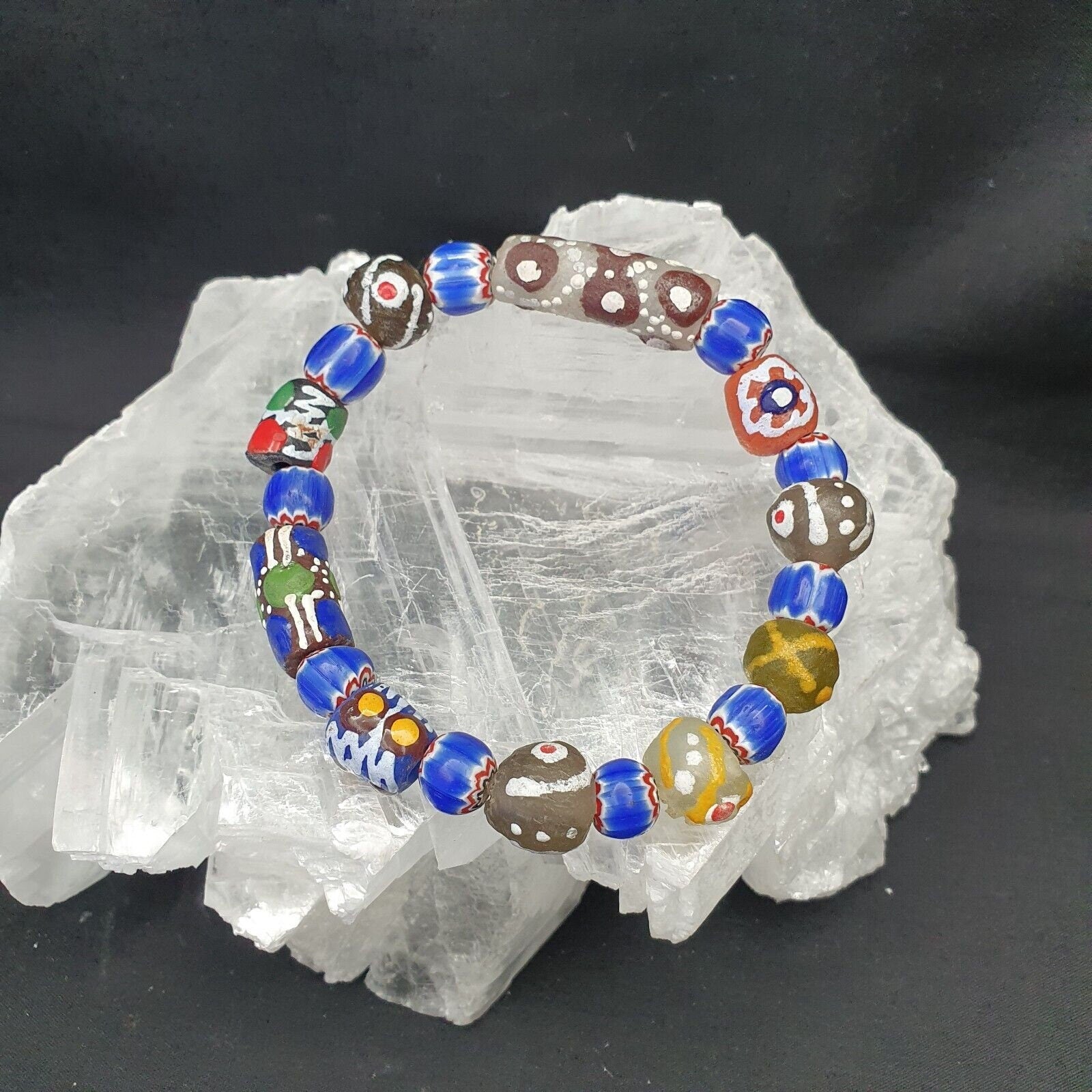 Vintage Blue Chevron African Glass Bead Bracelet