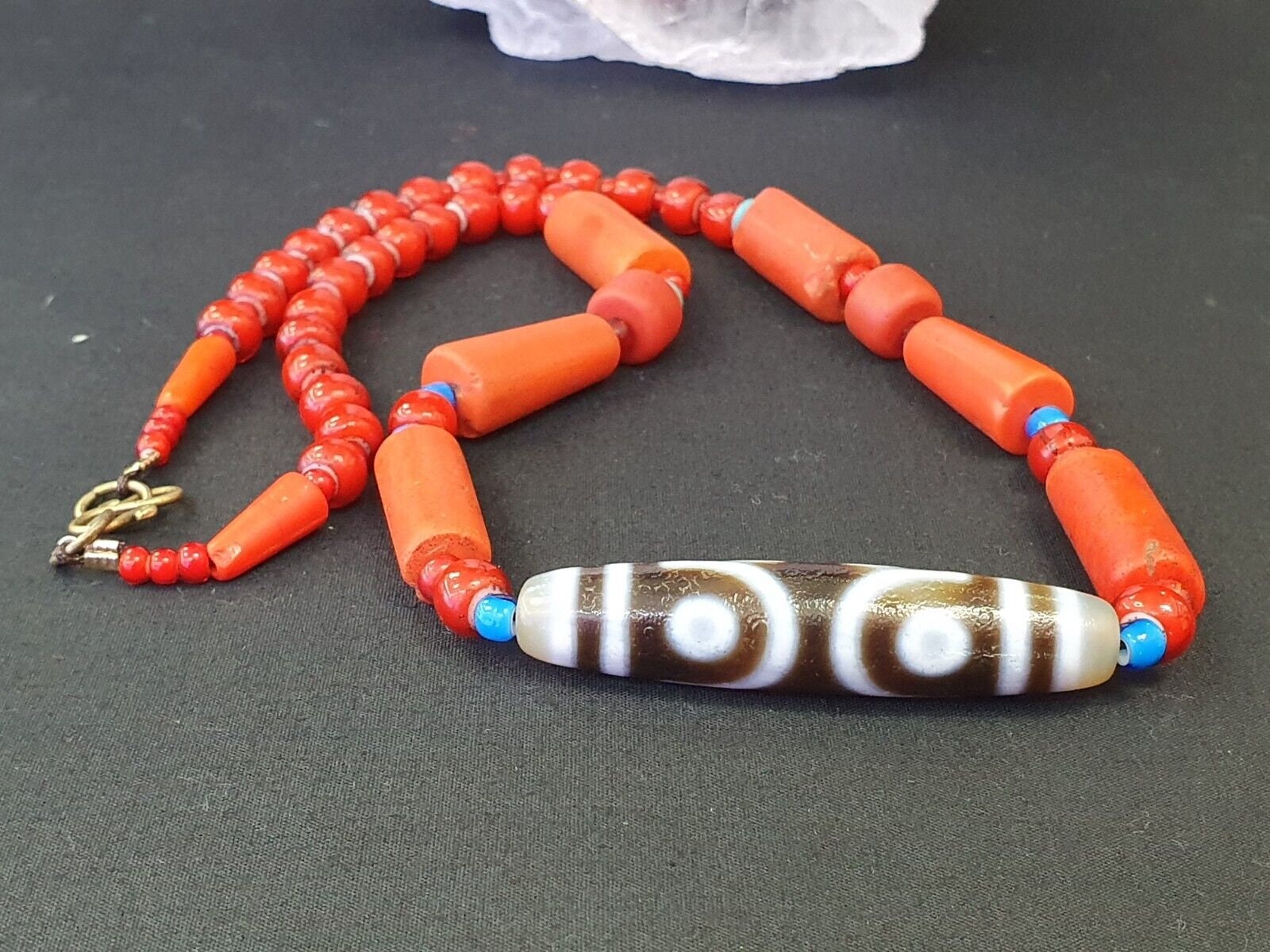 Himalayan indo tibetan 7 eyes dzi with antique venetian glass amulet necklace