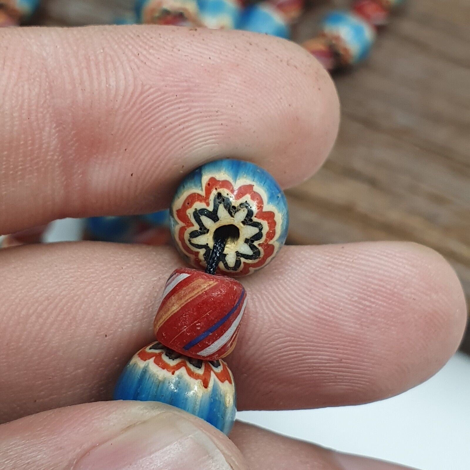 Vintage blue chevron beads venetian african style beads long strand necklace