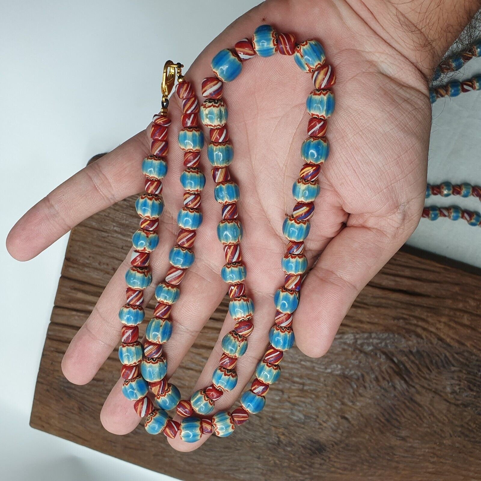 Vintage blue chevron beads venetian african style beads long strand necklace