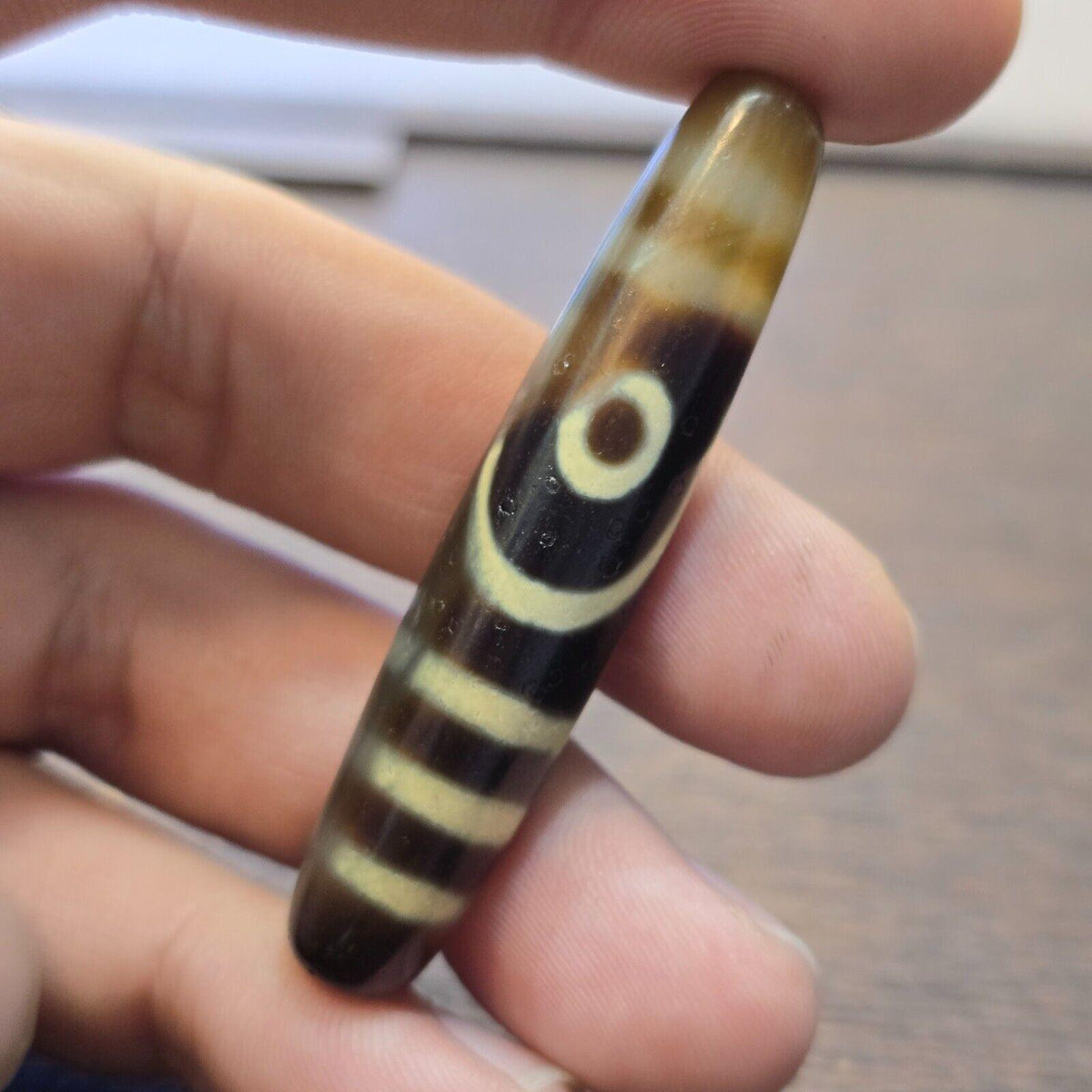 S4 vintage old tibetan 2 eyes 5 stripes agate stone dzi bead big amulet