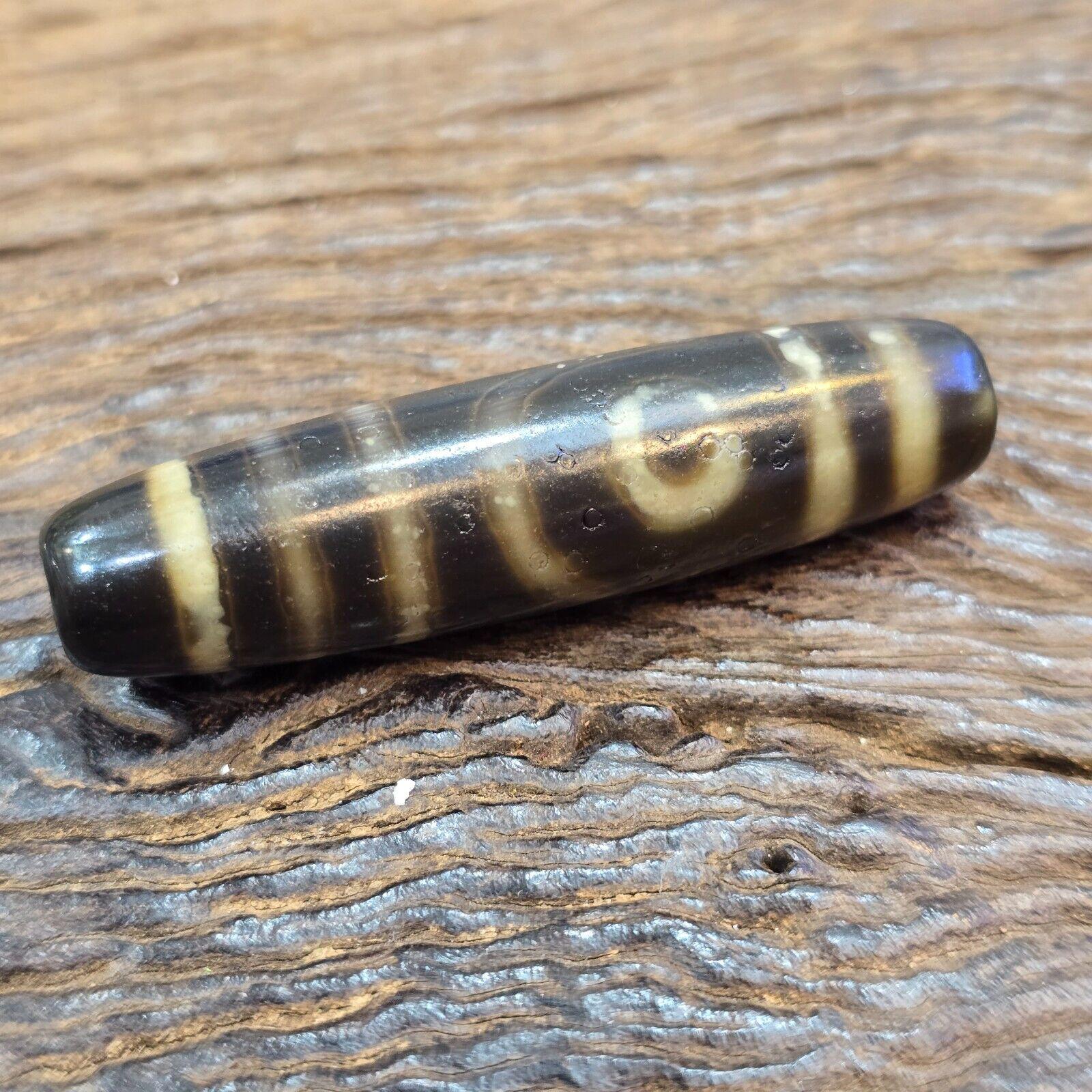 Vintage old tibetan 2 eyes 5 stripes agate stone dzi bead big amulet