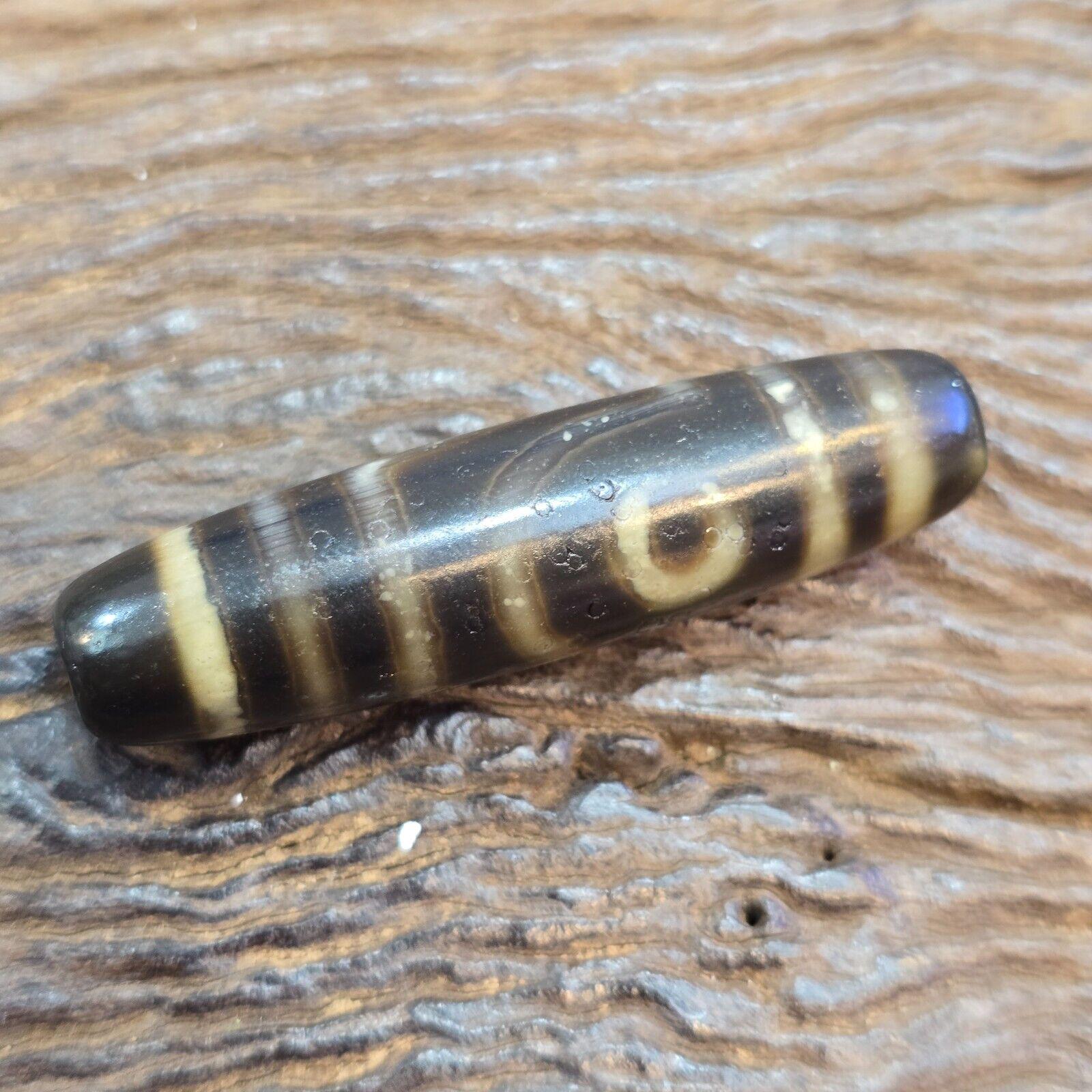 Vintage old tibetan 2 eyes 5 stripes agate stone dzi bead big amulet