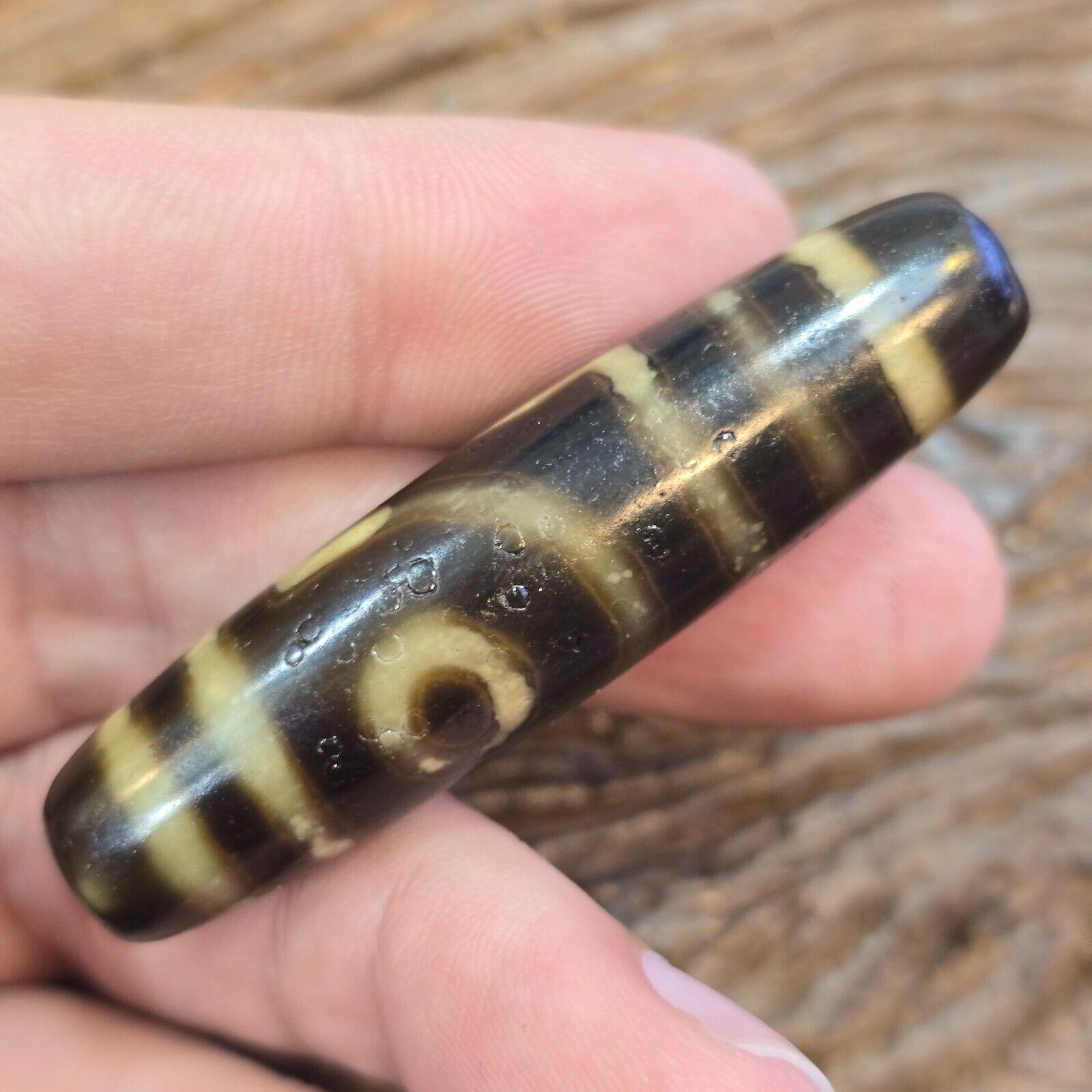 Vintage old tibetan 2 eyes 5 stripes agate stone dzi bead big amulet