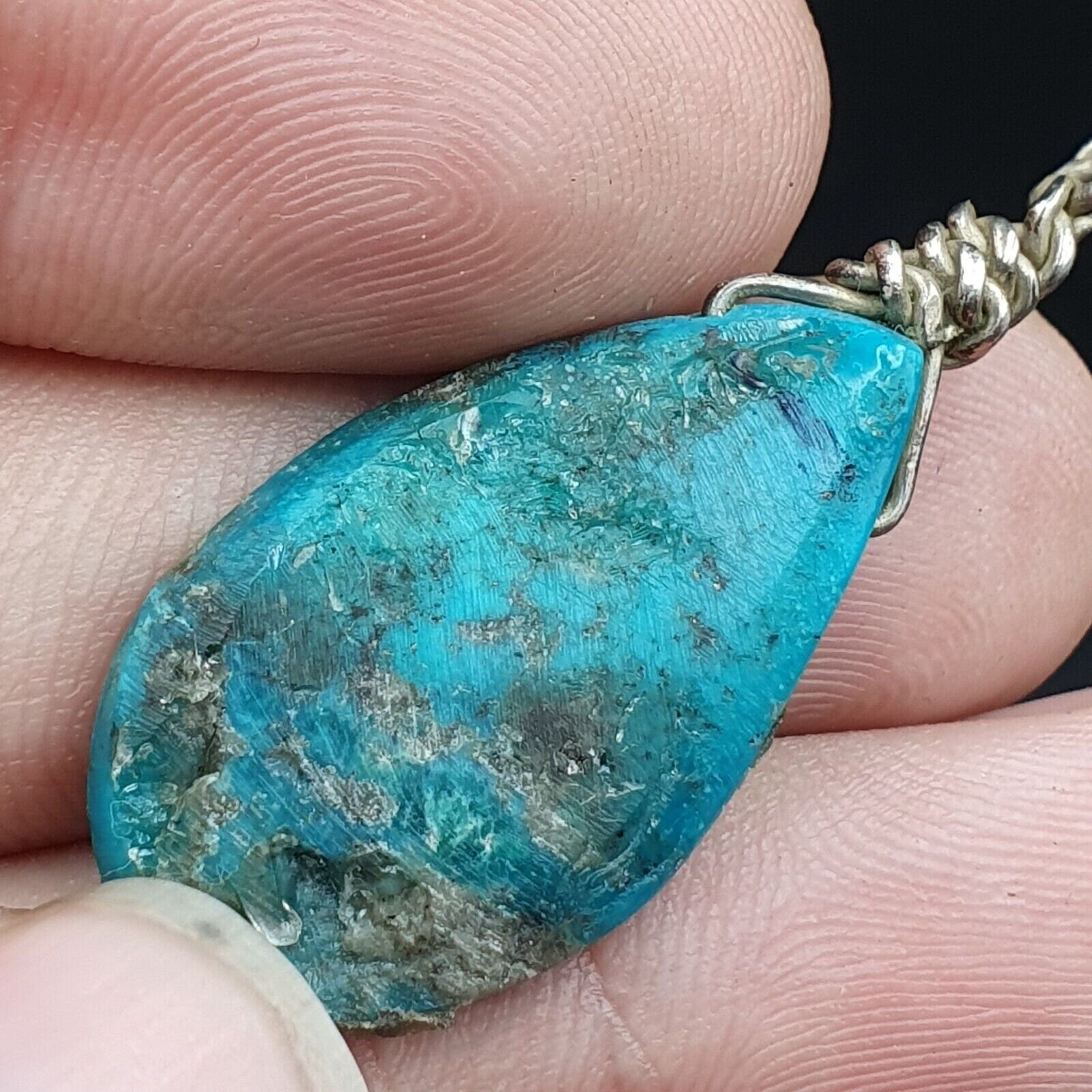 Vintage natural aqua blue turquois sterling silver pendant necklace