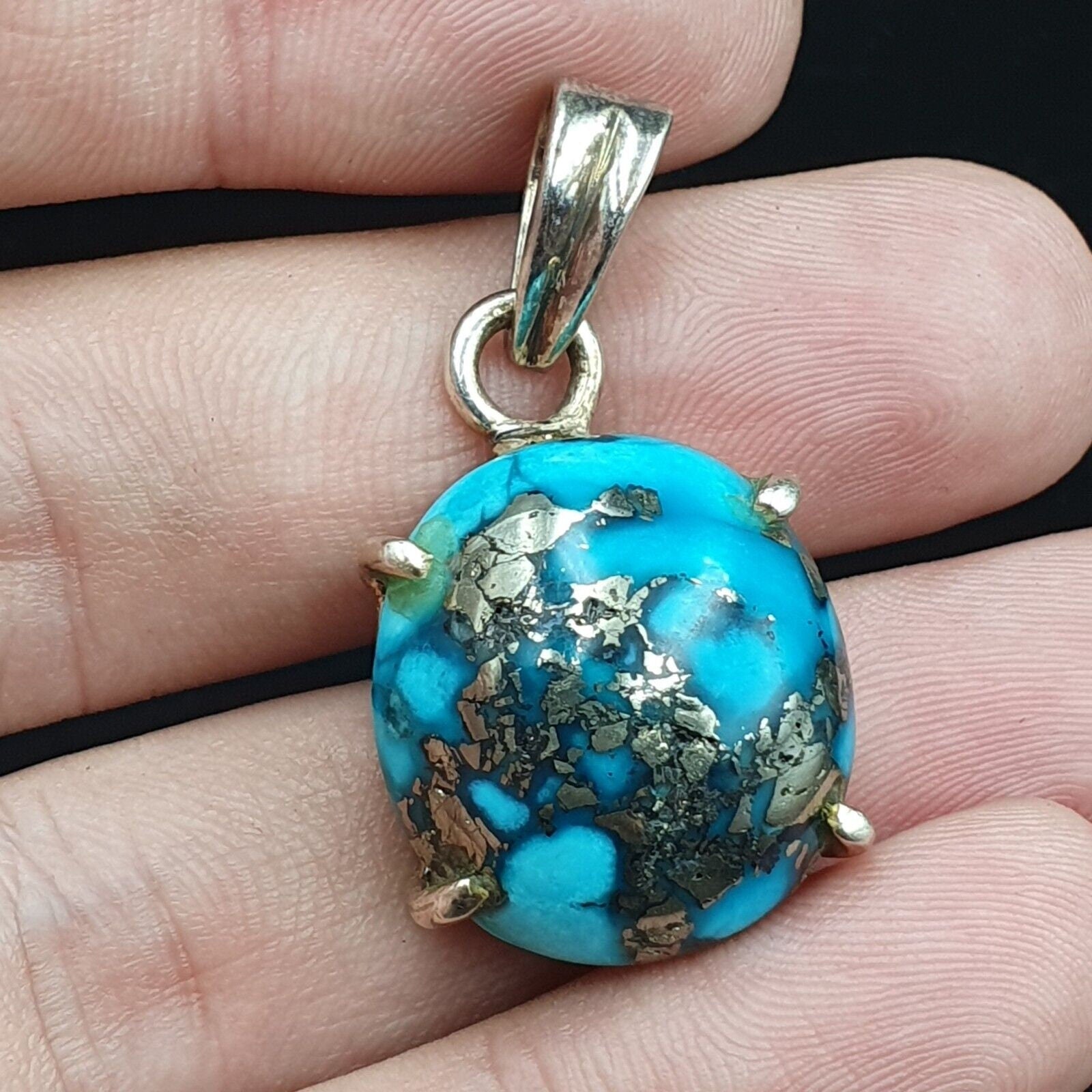 Vintage natural blue turquois pyrite matrix sterling silver pendant necklace