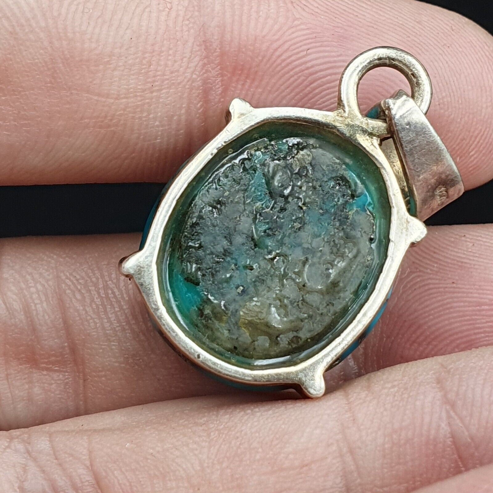 Vintage natural blue turquois pyrite matrix sterling silver pendant necklace