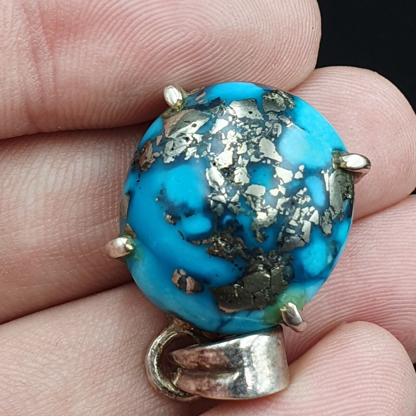 Vintage natural blue turquois pyrite matrix sterling silver pendant necklace