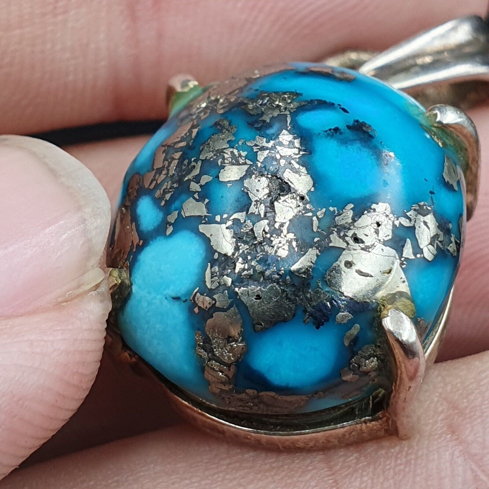 Vintage natural blue turquois pyrite matrix sterling silver pendant necklace