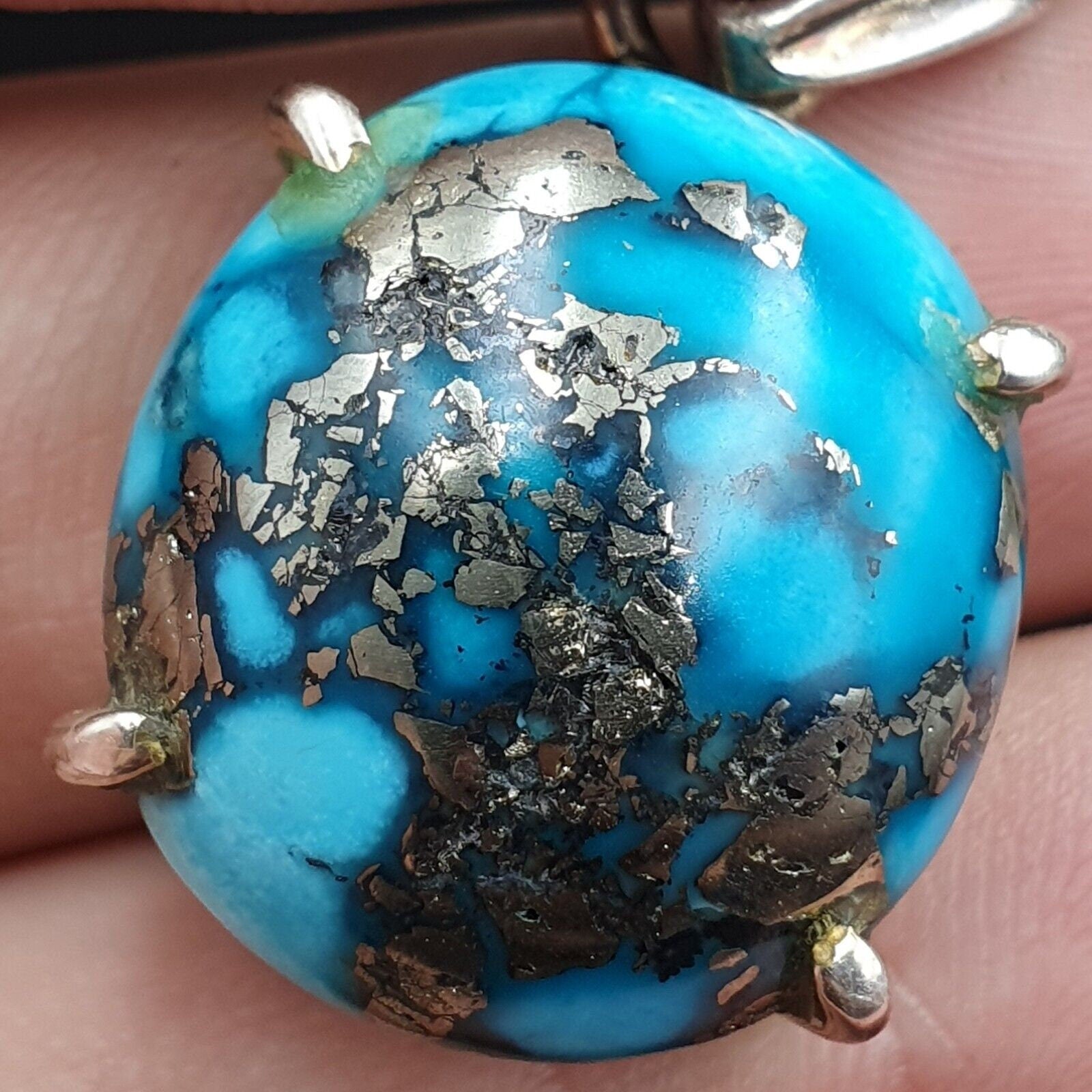 Vintage natural blue turquois pyrite matrix sterling silver pendant necklace