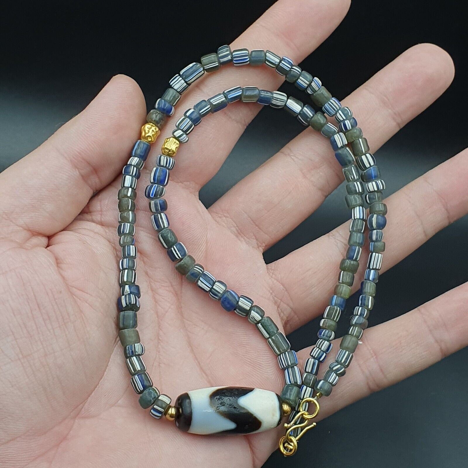 Himalayan indo tibetan beads zigzag line pattern dzi amulet agate beads necklace