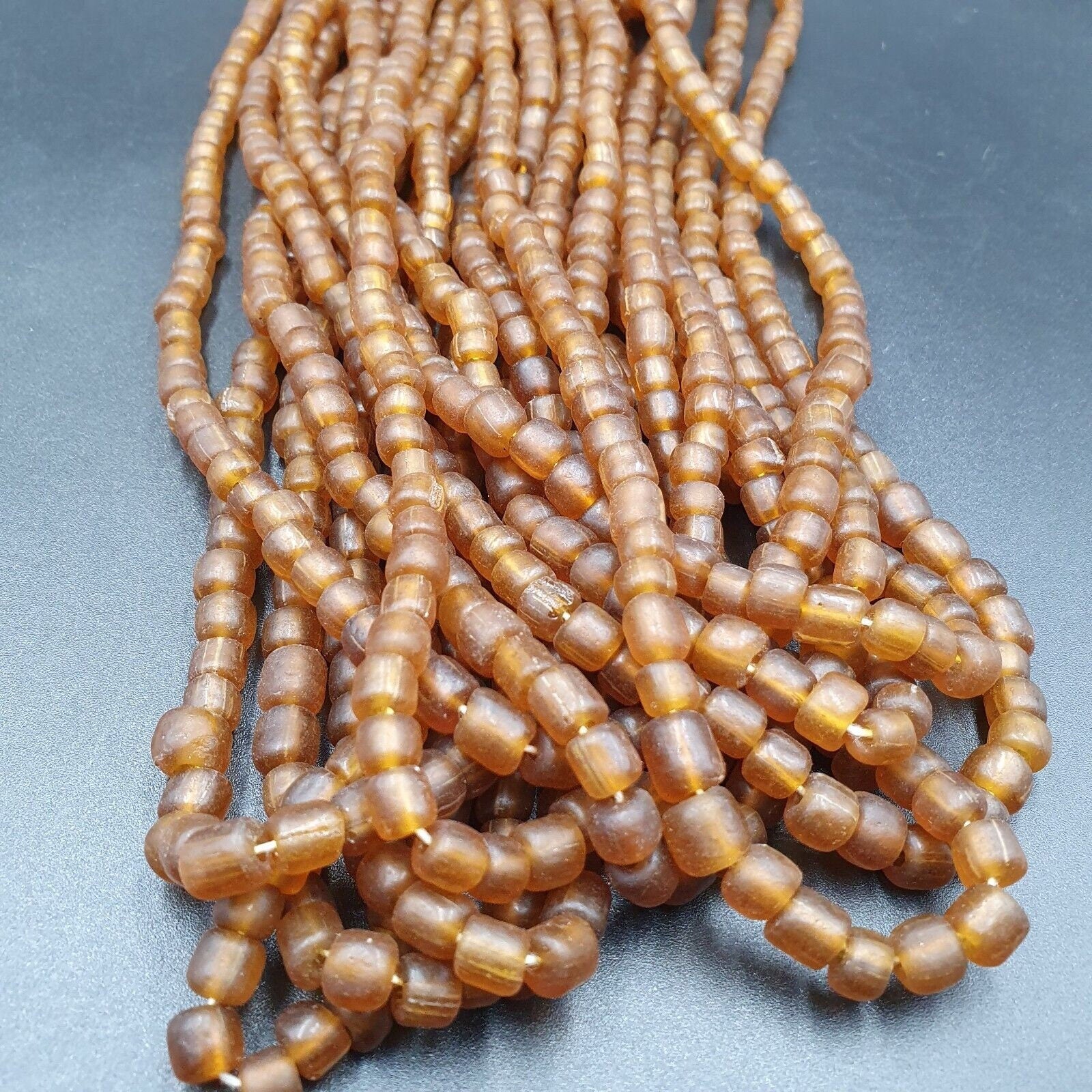2 vintage old african brown glass  stripes beads 7-9mm beads strand x 2Gift