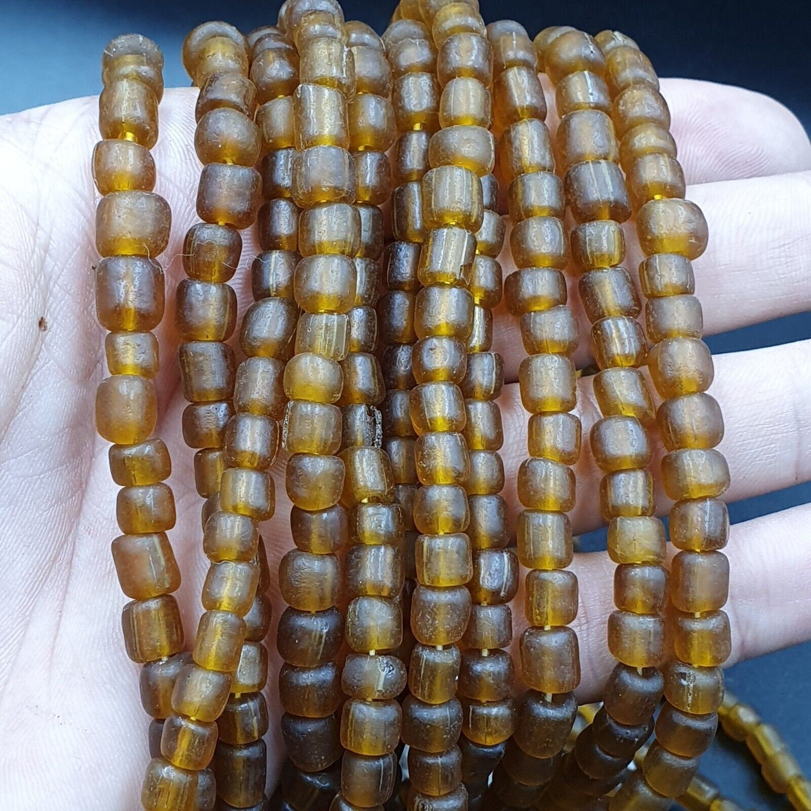 2 vintage old african brown glass  stripes beads 7-9mm beads strand x 2Gift