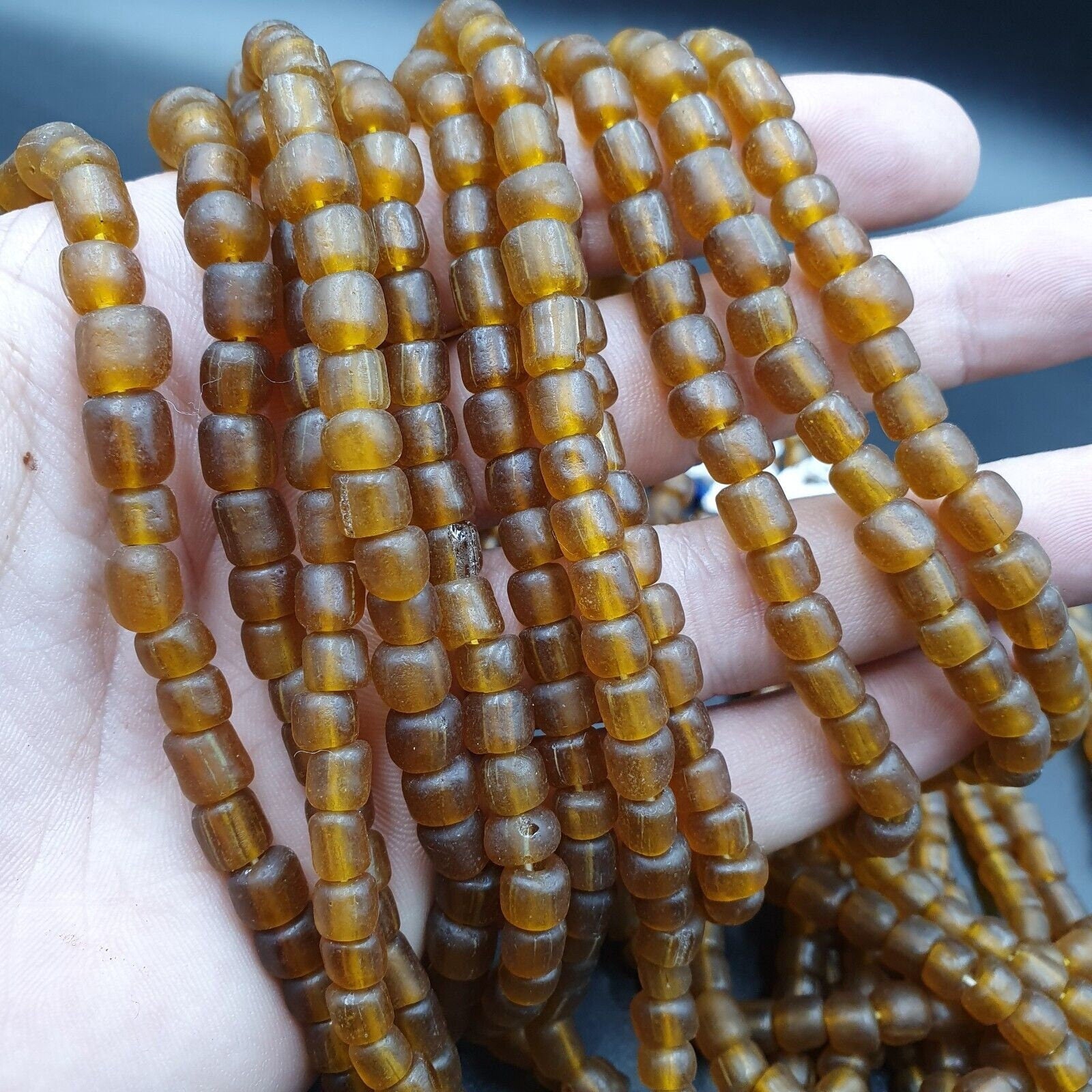 2 vintage old african brown glass  stripes beads 7-9mm beads strand x 2Gift