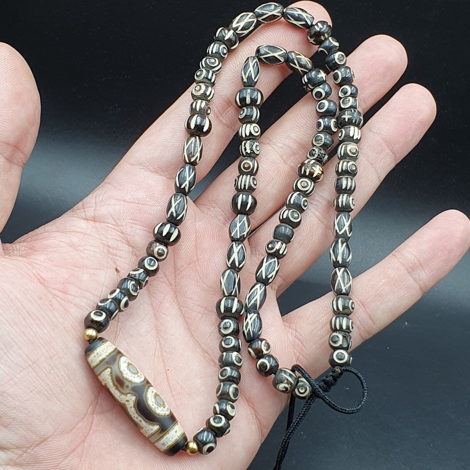 Vintage antique agate 3 eye bead tibet himalayan dzi pendant necklace