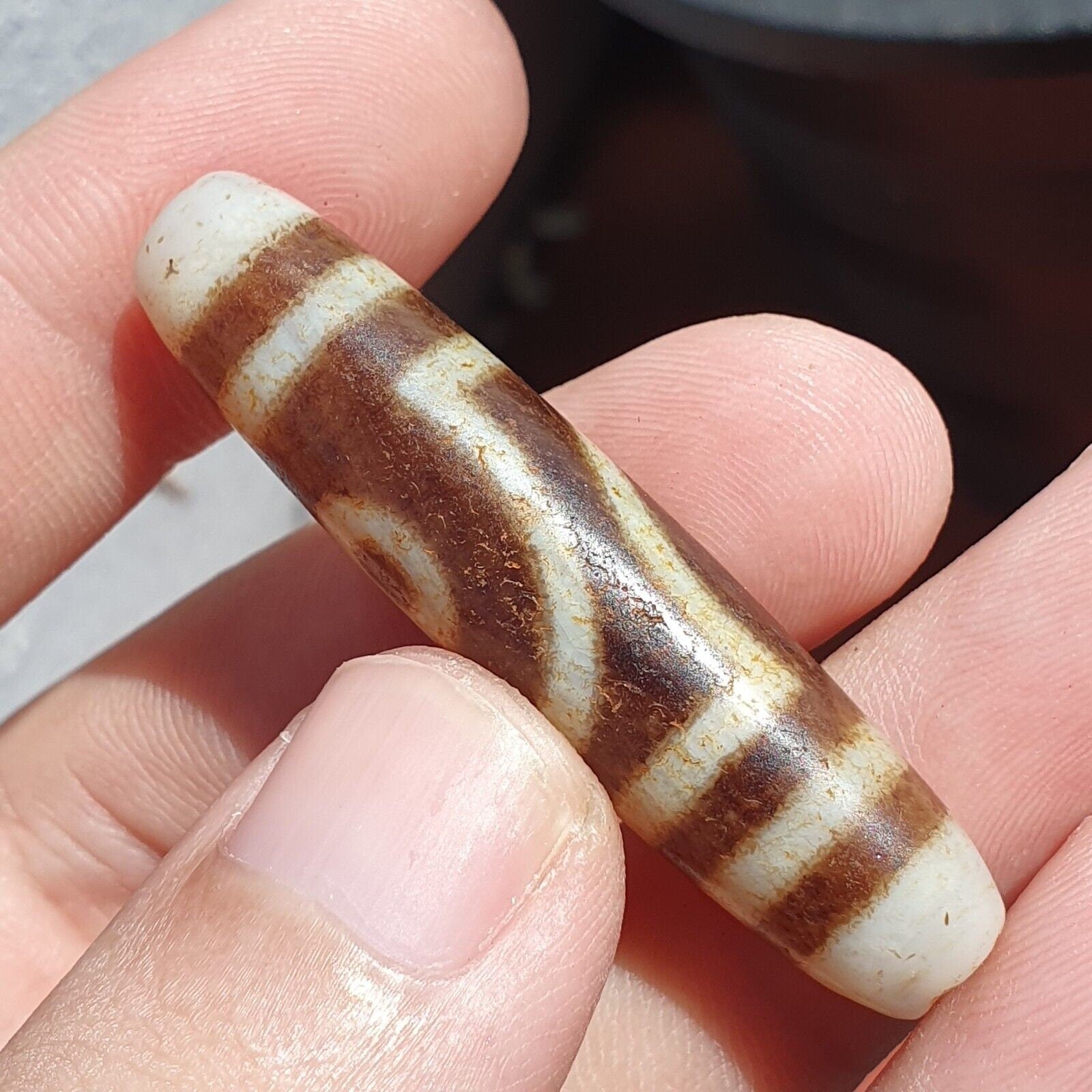 Himalayan tibetan dzi 2 eyes triple line spiritual amulet mala bead