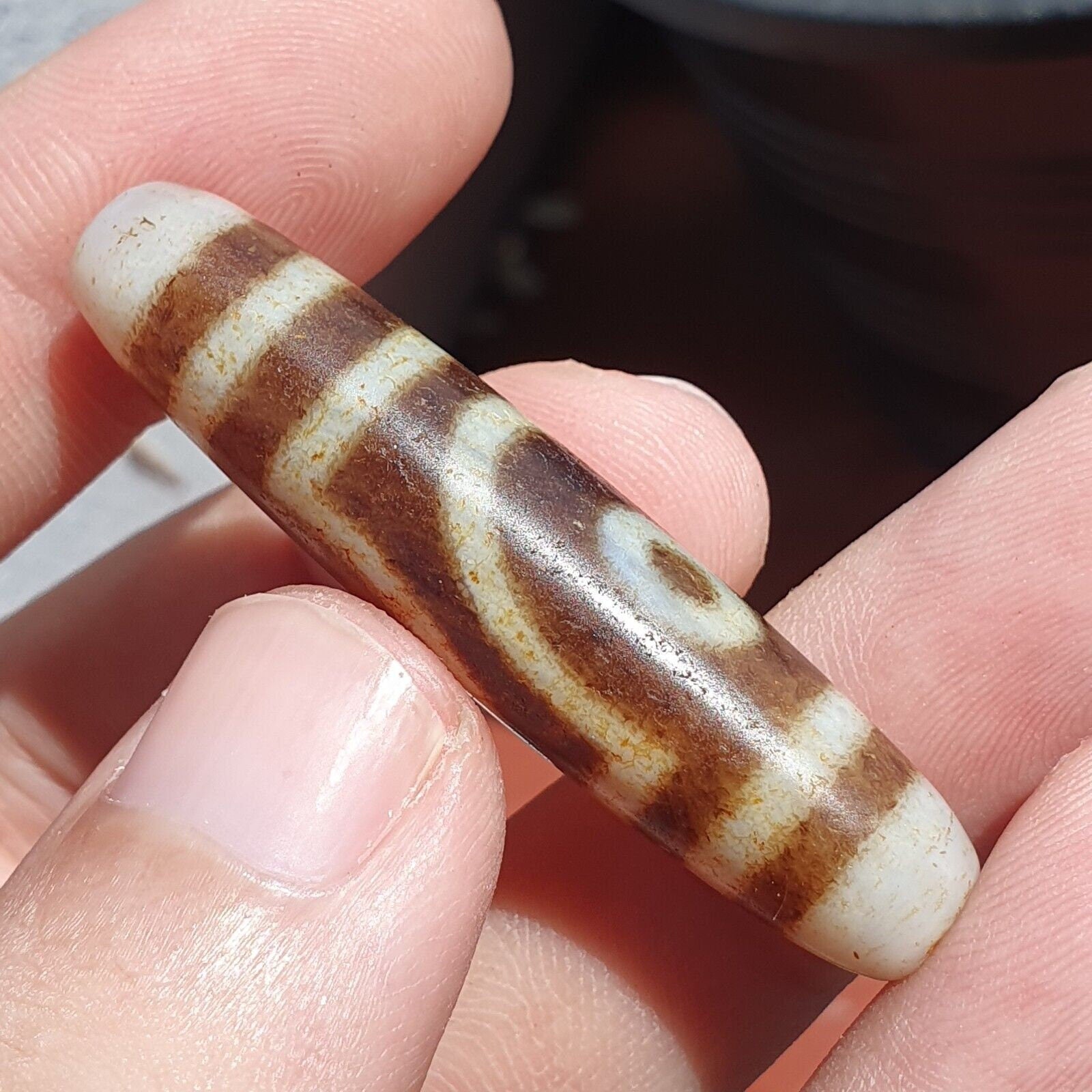 Himalayan tibetan dzi 2 eyes triple line spiritual amulet mala bead