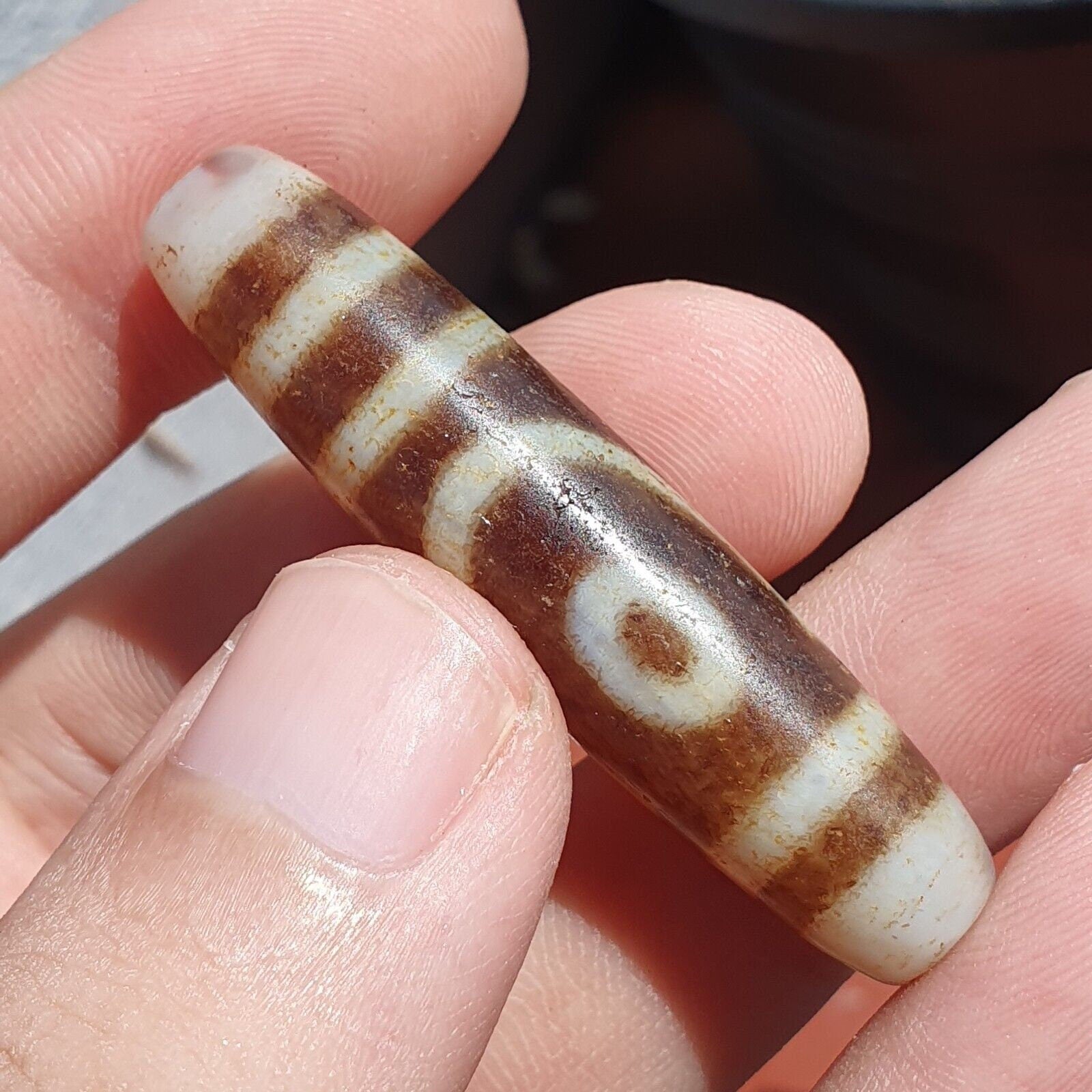 Himalayan tibetan dzi 2 eyes triple line spiritual amulet mala bead