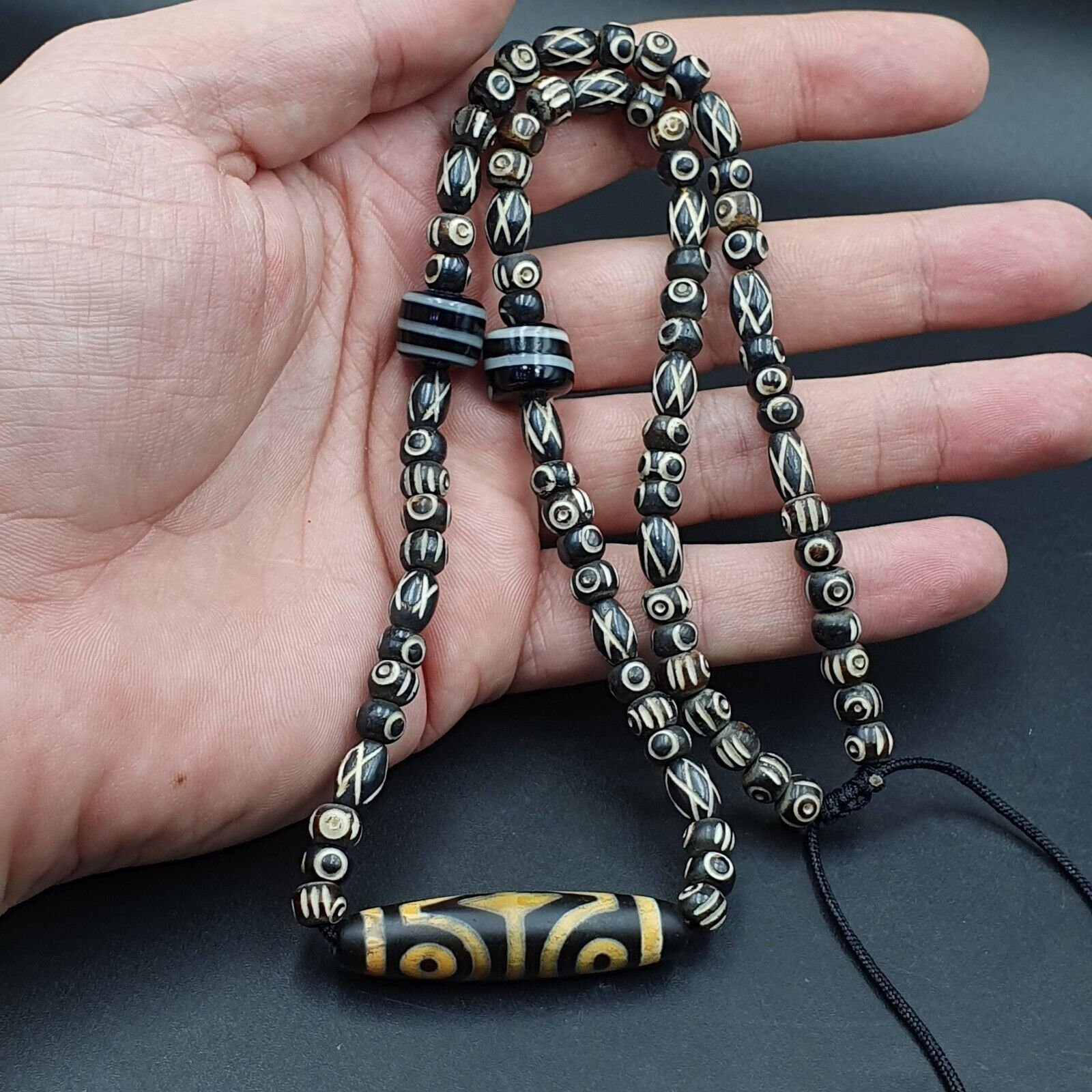 Vintage antique agate 4 eye bead tibet himalayan dzi pendant necklace