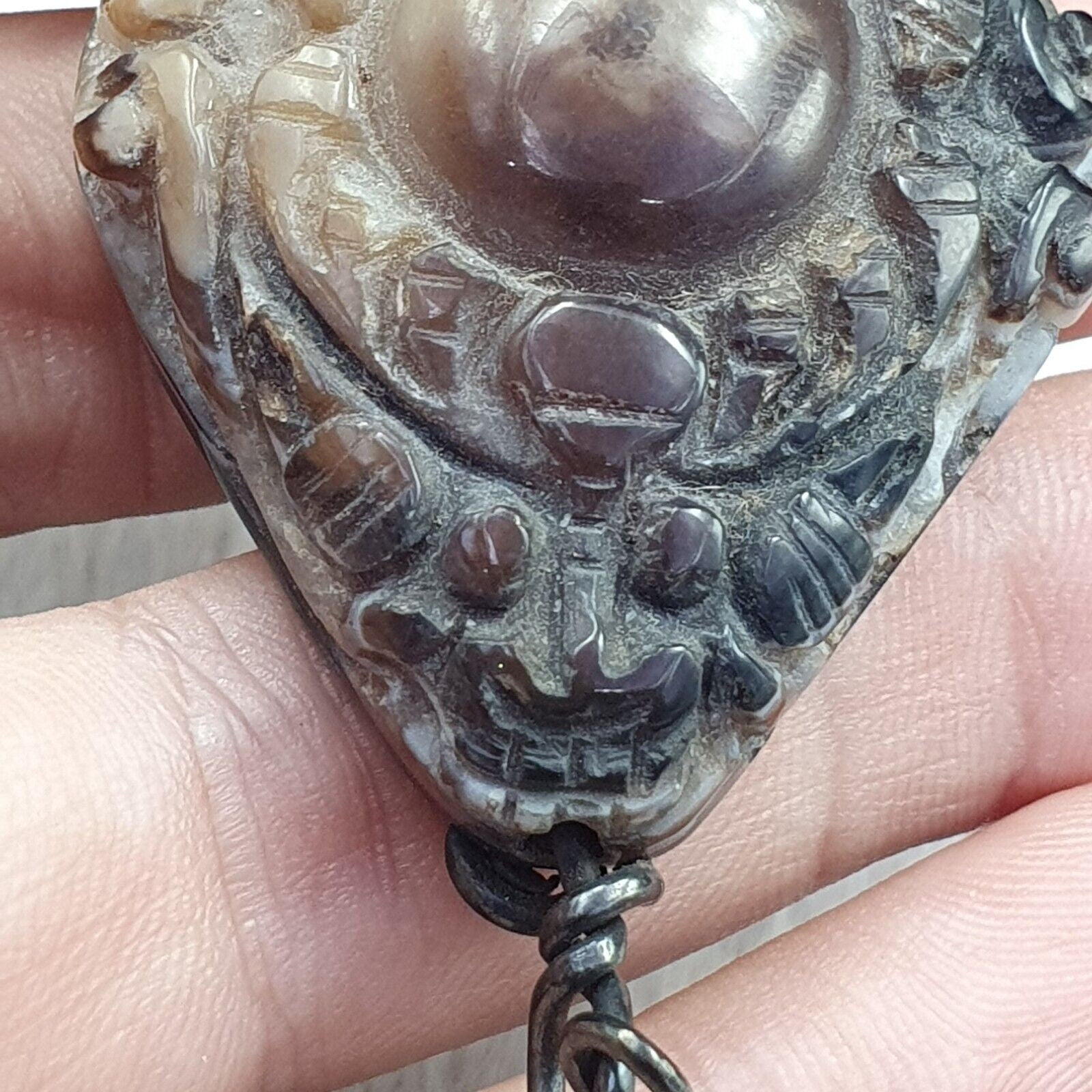 Antique tibetan himalayan carving agate beads pendant with sterling silver