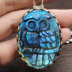 Big men's vintage natural blue fire carving labradorite owl figurine necklace 2