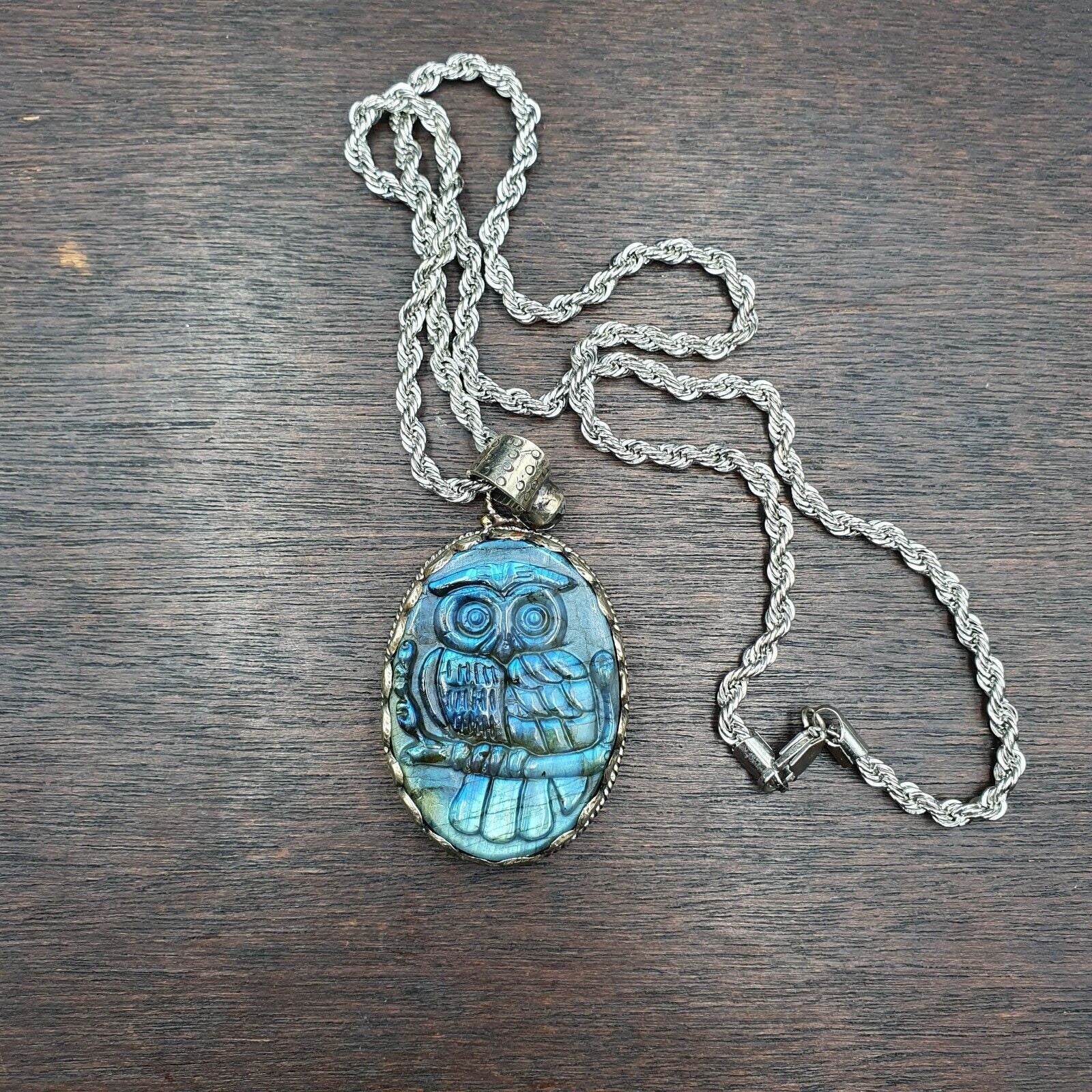 Big men's vintage natural blue fire carving labradorite owl figurine necklace 2