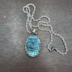 Big men's vintage natural blue fire carving labradorite owl figurine necklace 2