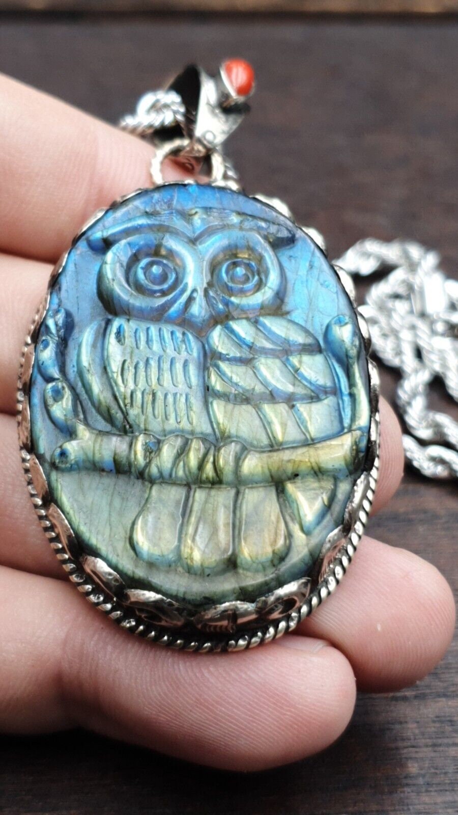 Big men's vintage natural blue fire carving labradorite owl figurine necklace 1