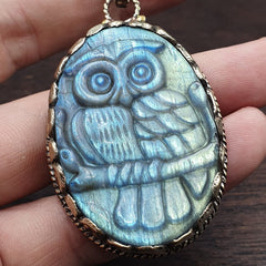 Big men's vintage natural blue fire carving labradorite owl figurine necklace 3