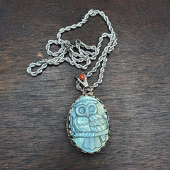 Big men's vintage natural blue fire carving labradorite owl figurine necklace 3