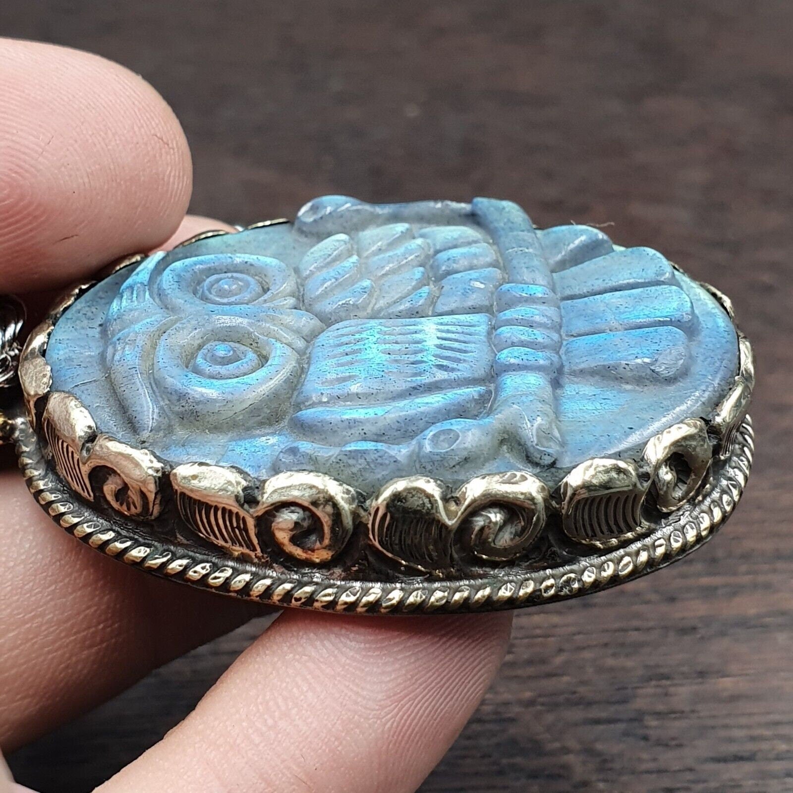 Big men's vintage natural blue fire carving labradorite owl figurine necklace 3