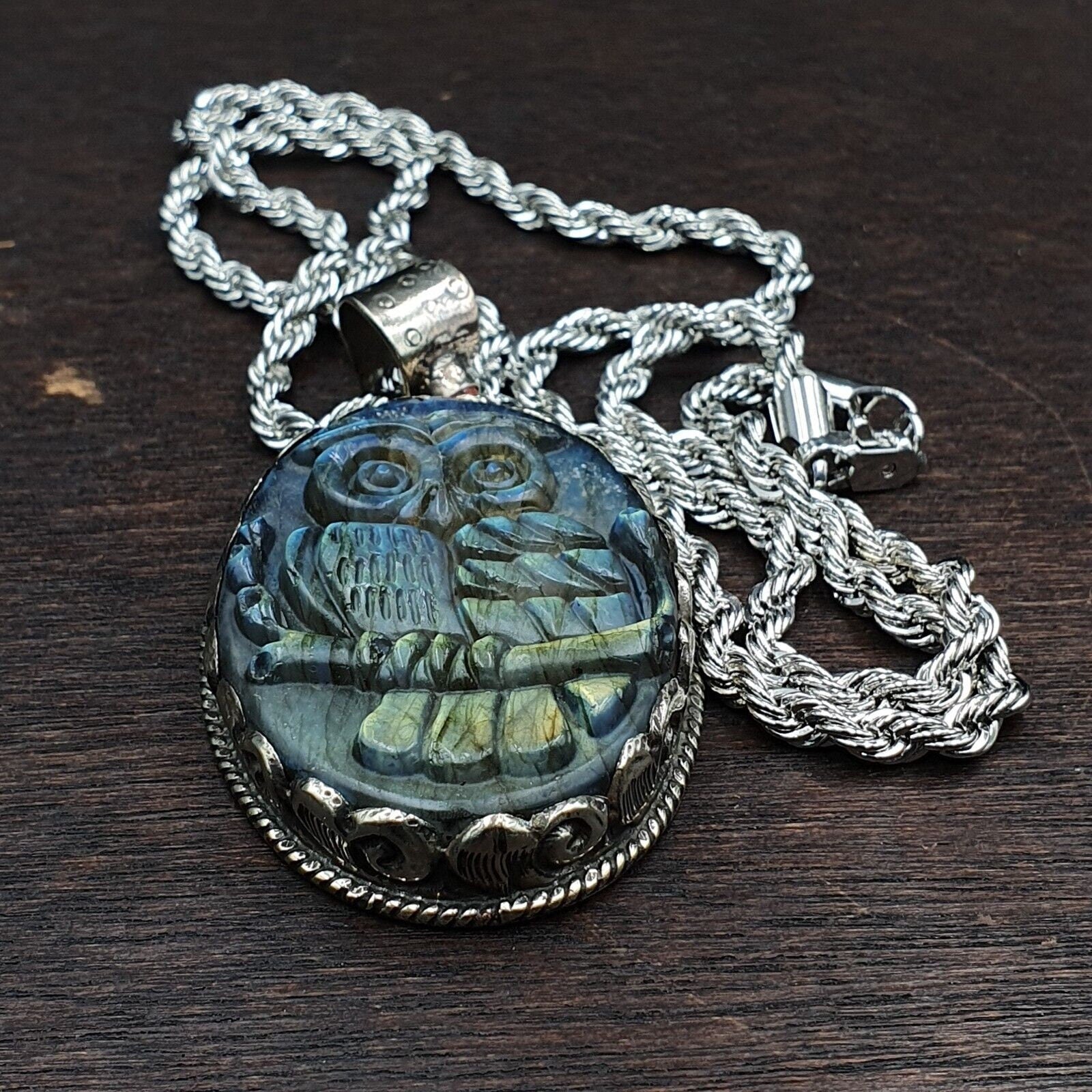 Big men's vintage natural blue fire carving labradorite owl figurine necklace 1